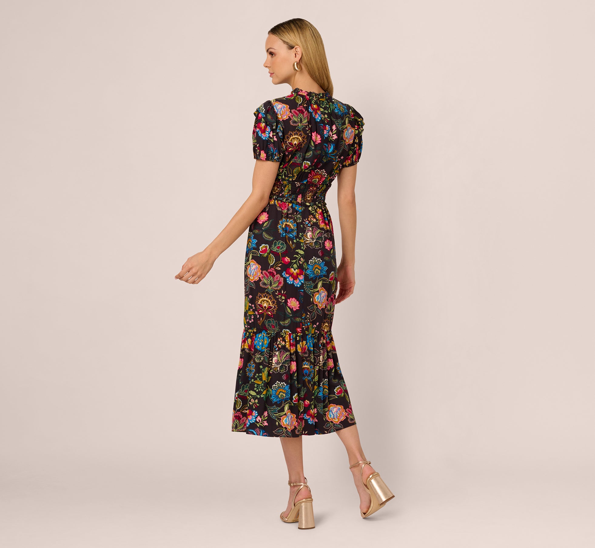 Puff Sleeve Floral Midi Flounce Dress In Black Multi、mySite、solidvoid
