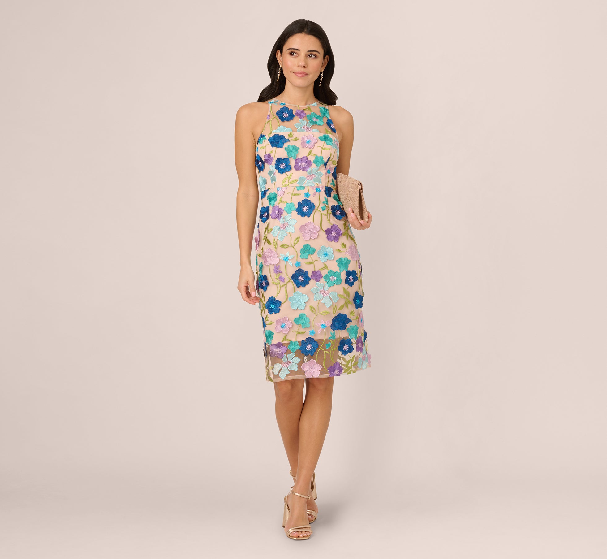 Multicolor Floral Embroidered Halter Midi Dress In Blue Multi、mySite、solidvoid