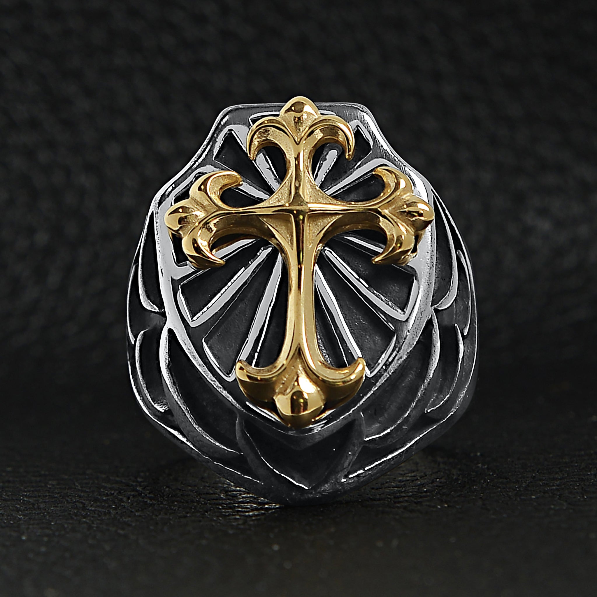Stainless Steel 18K Gold PVD Coated Cross On Shield Signet Ring / SCR4091、mySite、dreamappss