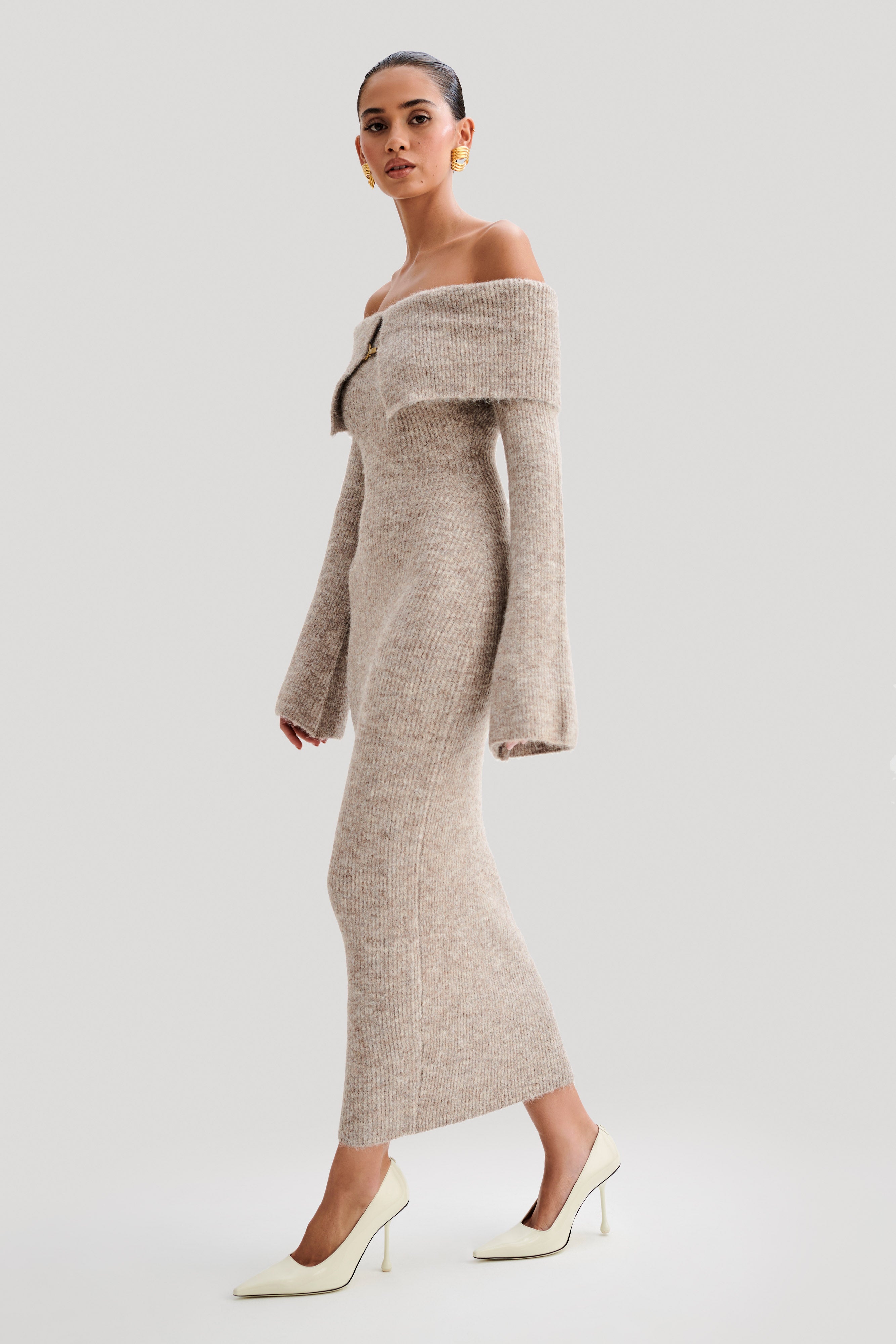 Baxter Off Shoulder Fluffy Knit Midi Dress - Taupe Marle、mySite、solidvoid
