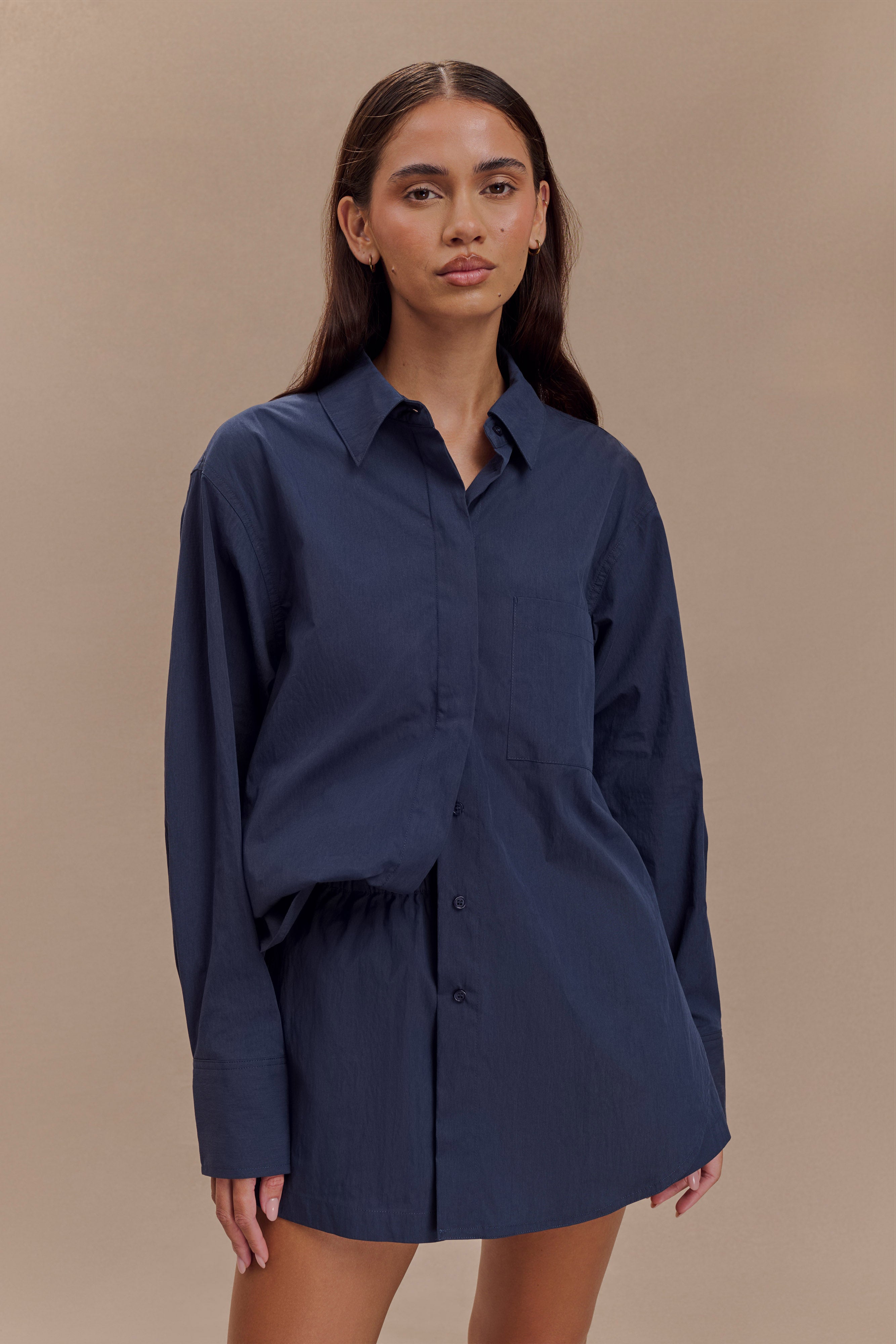 Campbell Cotton Oversized Shirt - Navy、mySite、solidvoid