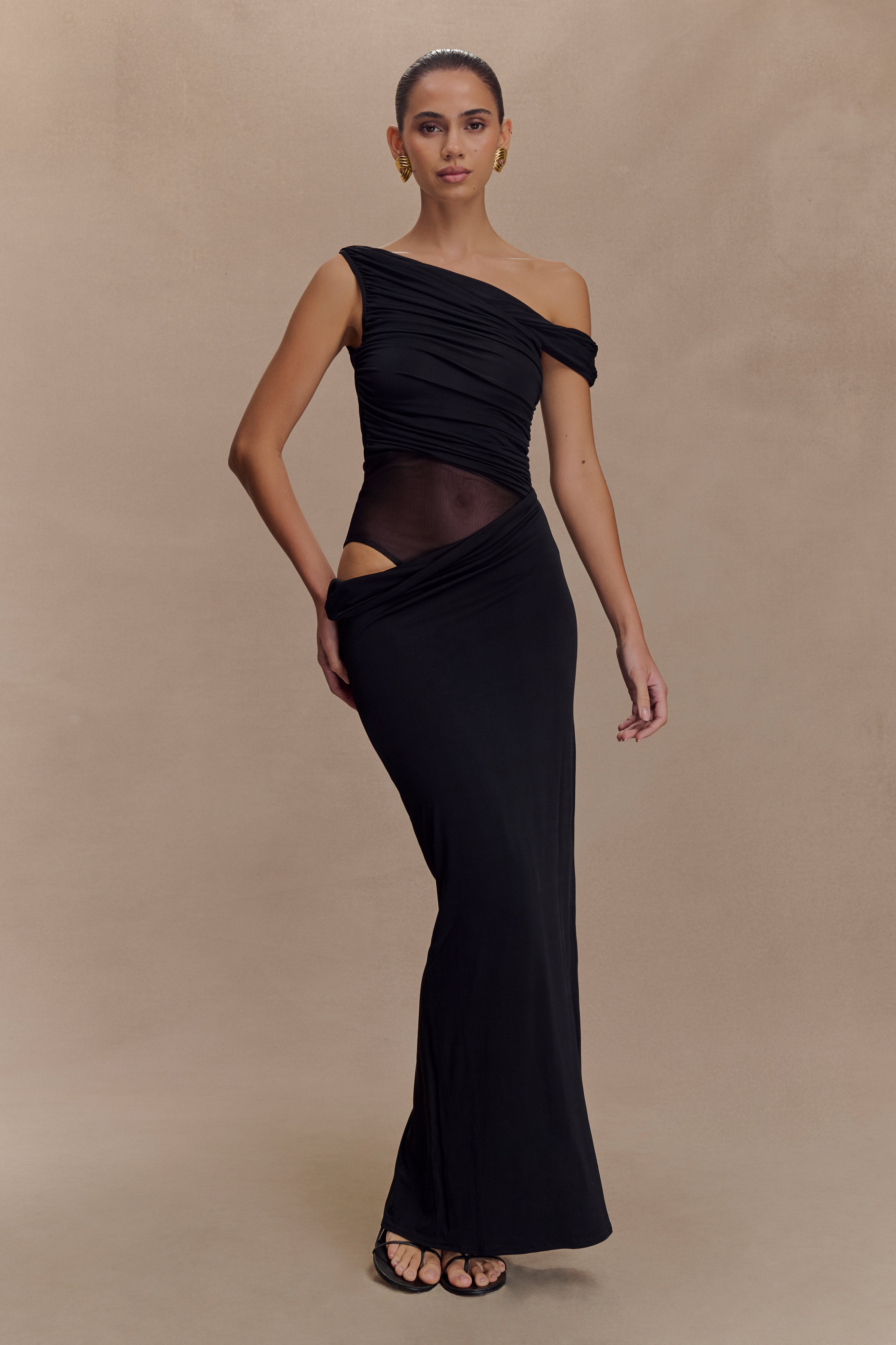 Callen One Shoulder Slinky Maxi Dress - Black、mySite、solidvoid