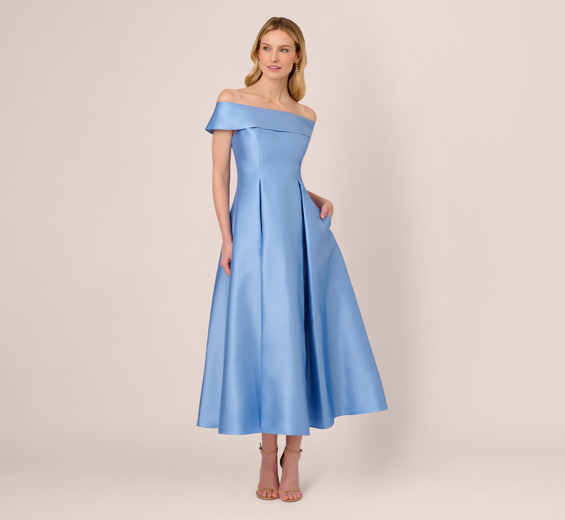 Off Shoulder Mikado Fit And Flare Midi Dress In Bluebell、mySite、solidvoid