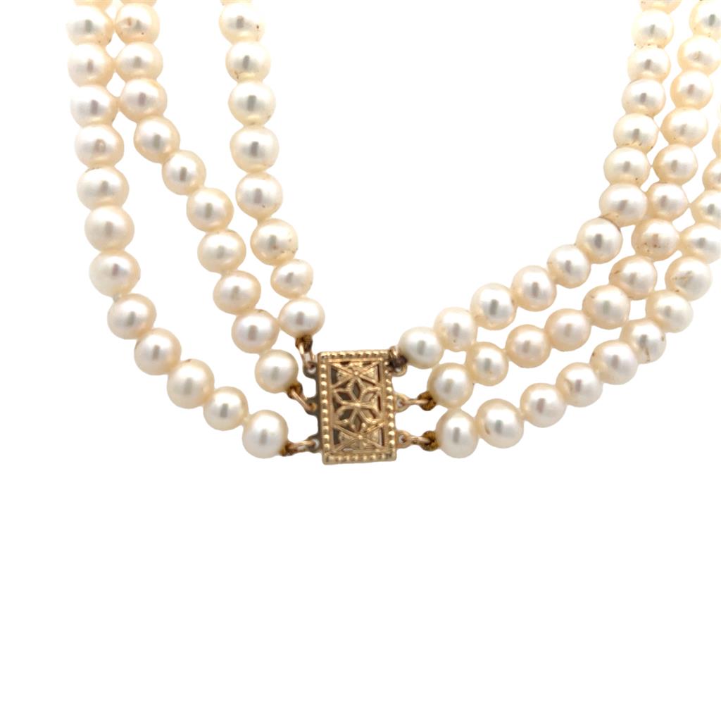 Estate 14K Yellow Gold Cultured Pearl Triple Strand Necklace、mySite、botmansion