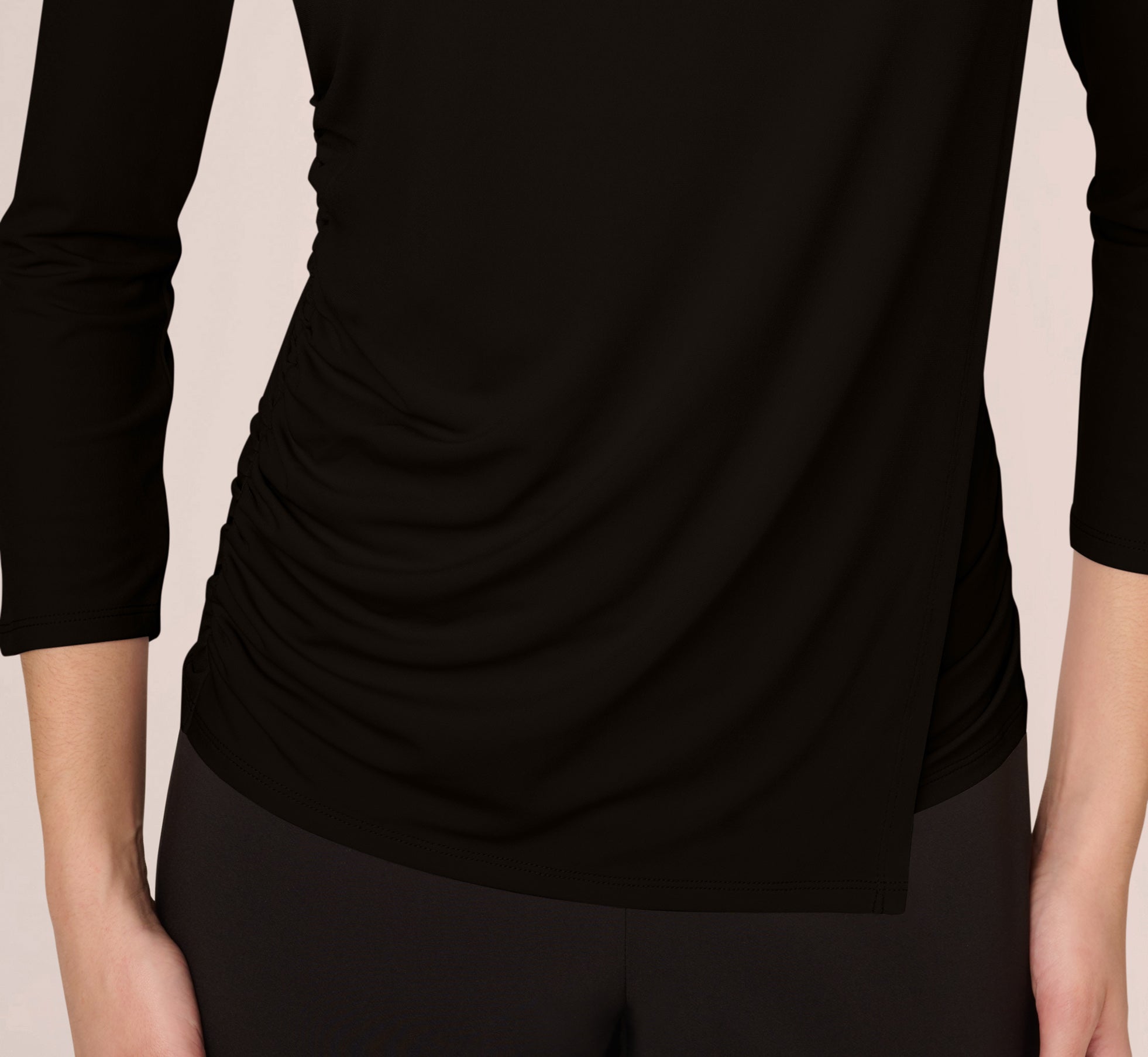 Three Quarter Sleeve Draped Jersey Top With Shirred Sides In Black、mySite、solidvoid