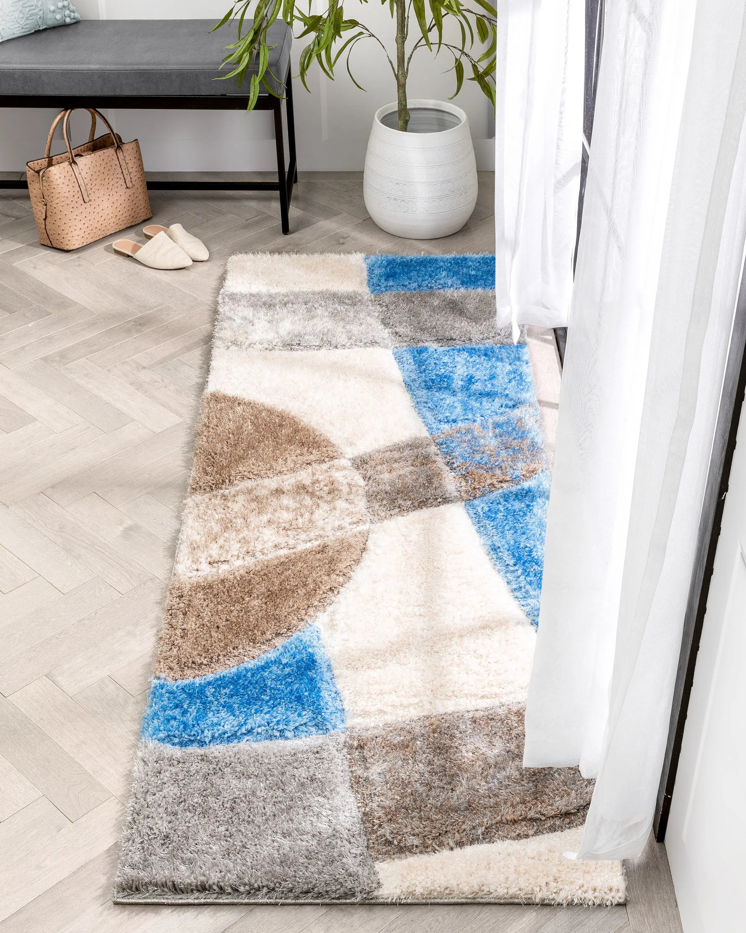 Remi Contemporary Geometric Boxes 3D Textured Shag Grey Light Blue Rug、mySite、gigharbornorthrealestate