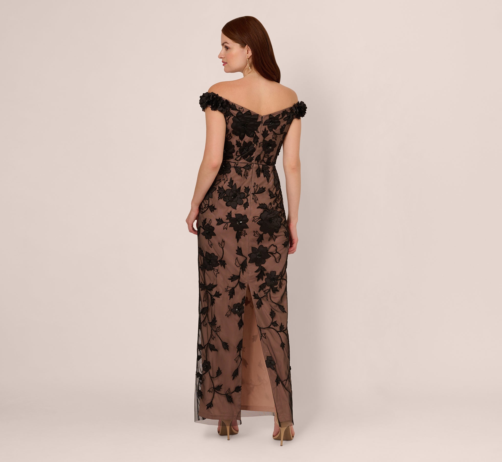 Off The Shoulder Beaded Column Gown With Rosette Accents In Black Rosegold、mySite、solidvoid