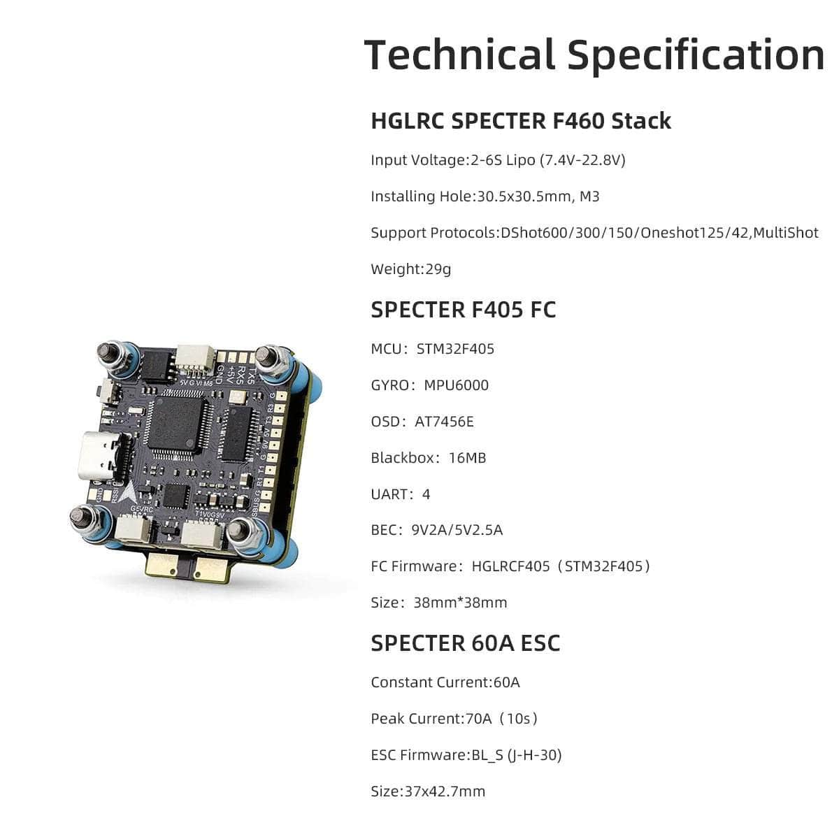  HGLRC SPECTER F460 HD 2-6S 30x30 Stack/Combo (F405 V2 FC / 8Bit 60A 4in1 ESC) - MPU6000、mySite、merchandisen