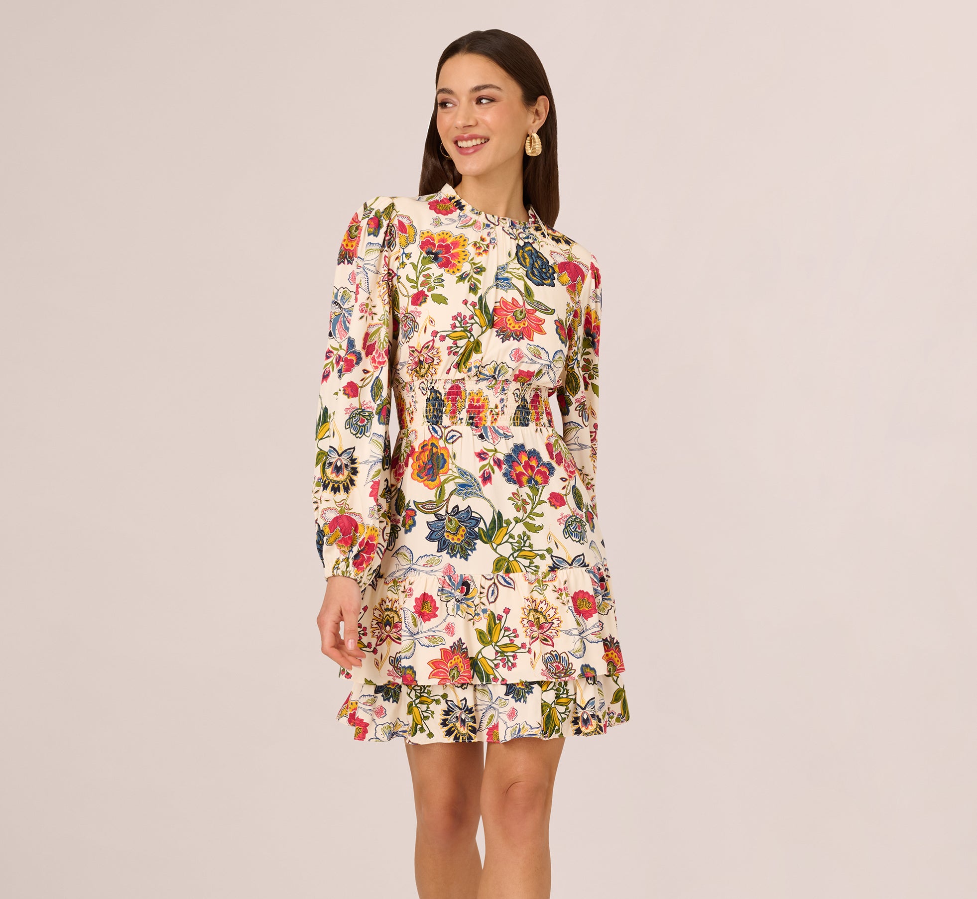 Floral Print Dress With Long Bishop Sleeves In Ecru Multi、mySite、solidvoid