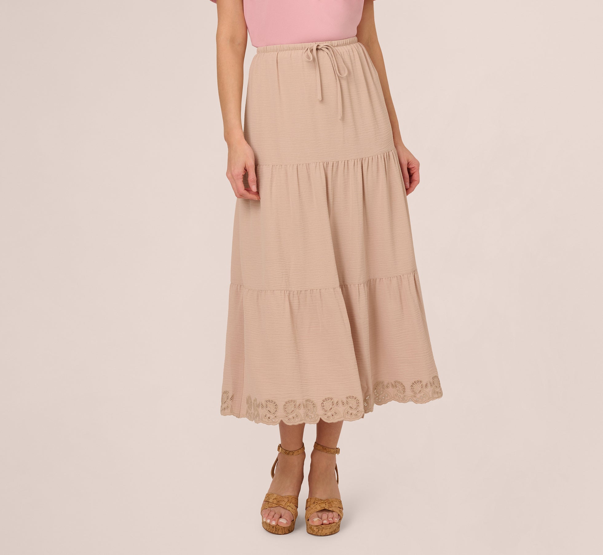 Tiered Eyelet Hem Drawstring Midi Skirt In Bamboo、mySite、solidvoid