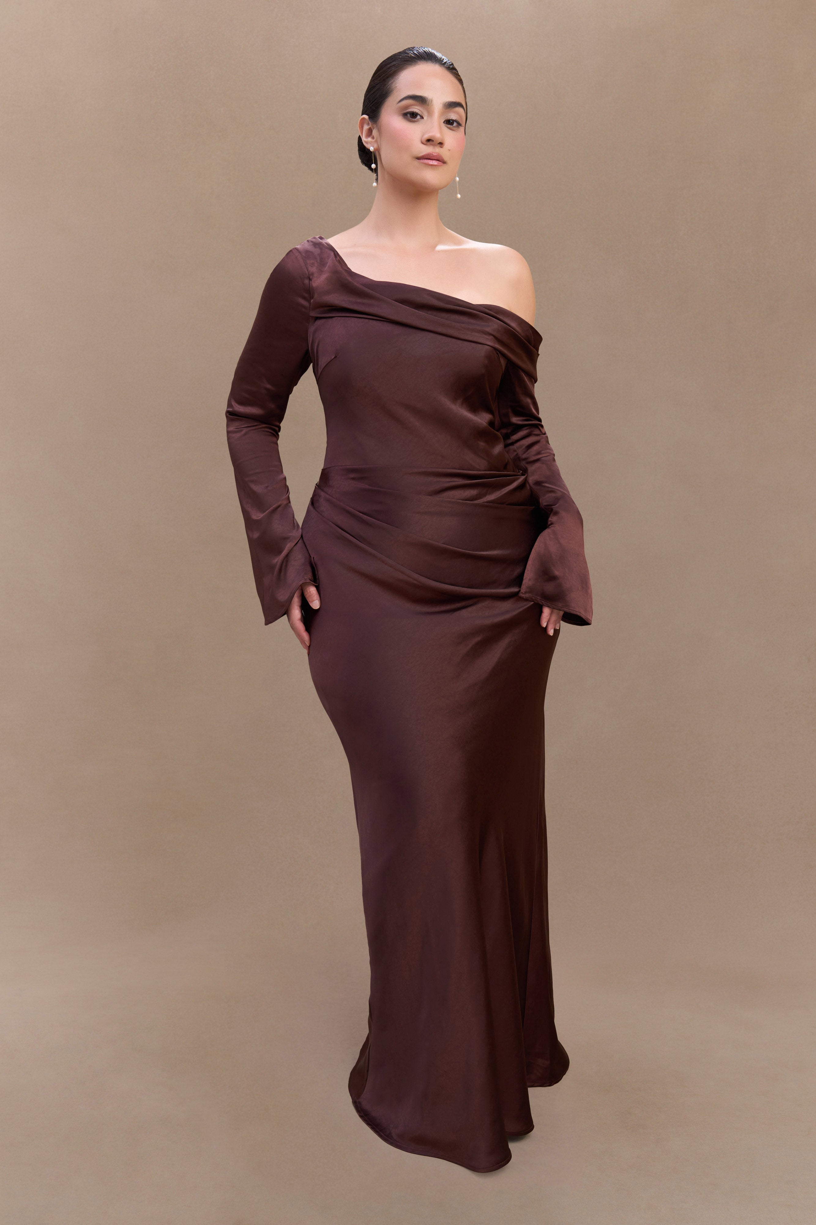 Iris Long Sleeve Satin Maxi Dress - Dark Chocolate、mySite、solidvoid