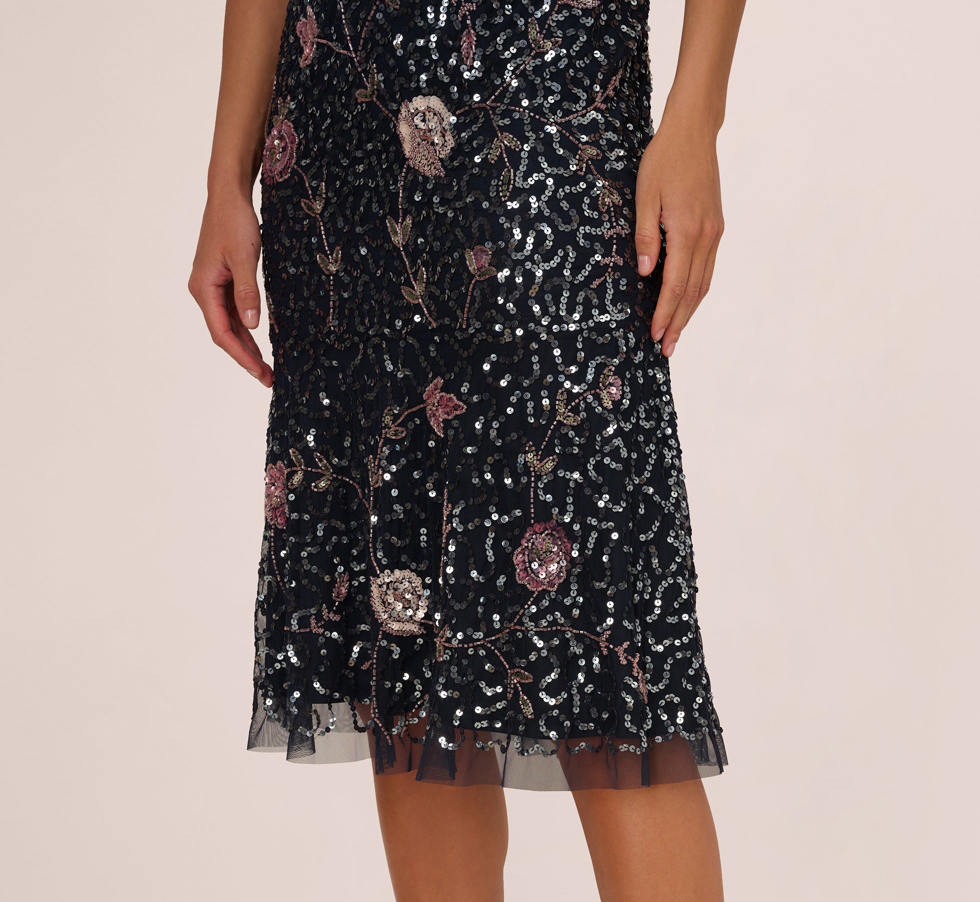 Sleeveless Sequin Floral Beaded Midi Dress In Navy Pink Multi、mySite、solidvoid