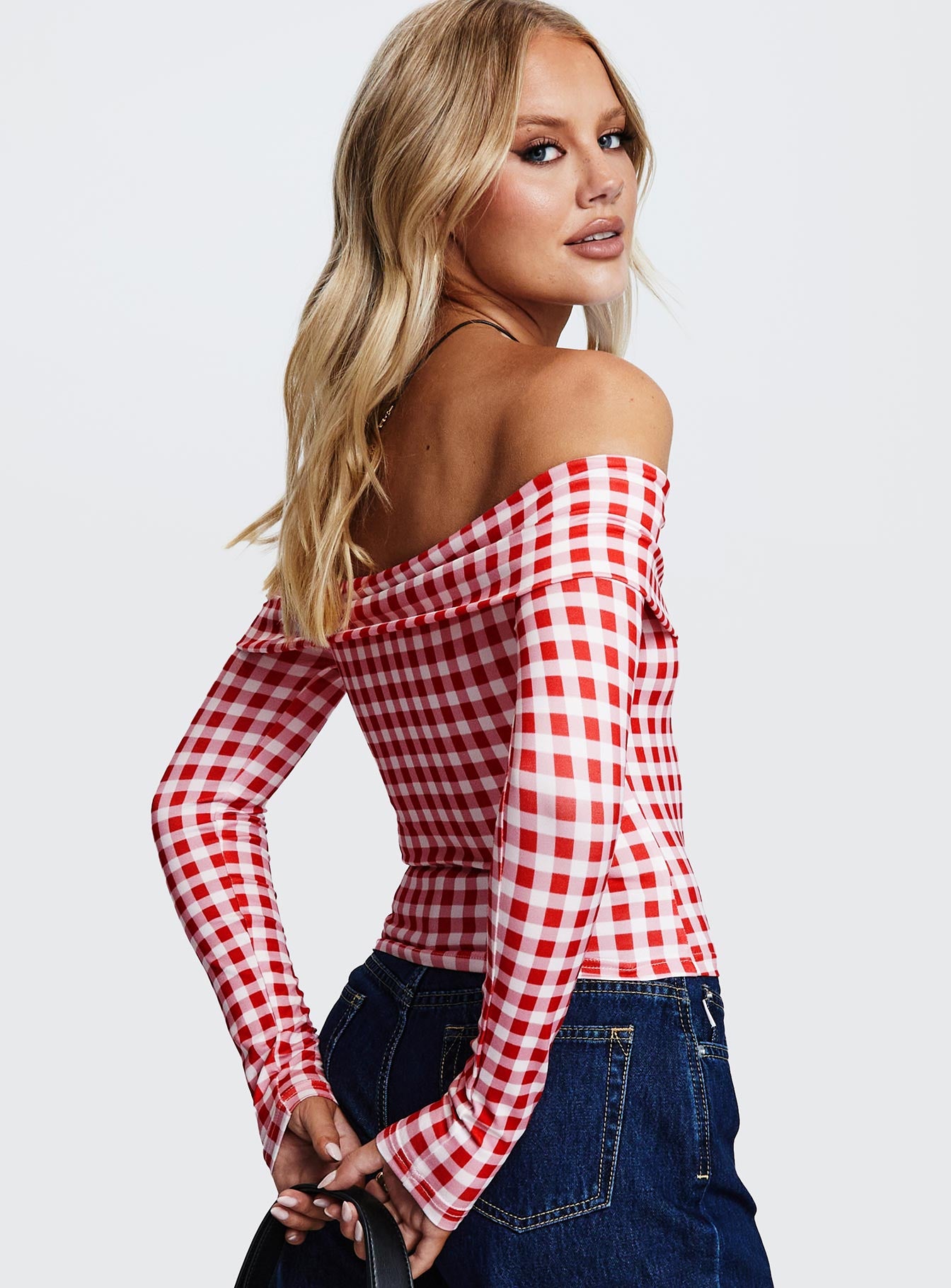 Singular Off The Shoulder Long Sleeve Top Red Check、mySite、solidvoid