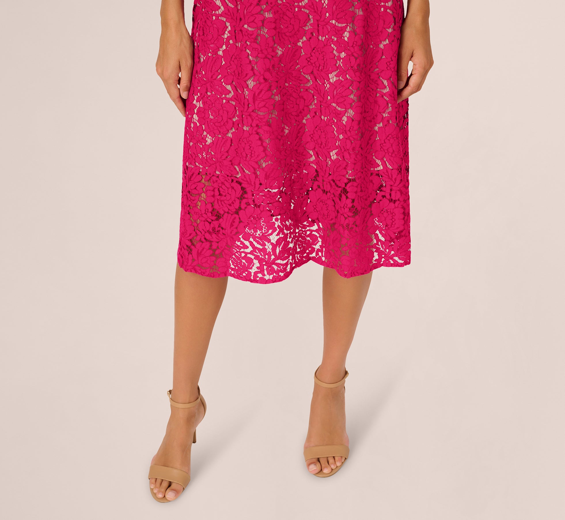 Sleeveless Lace Fit And Flare Dress With Sheer Details In Tropical Pink、mySite、solidvoid
