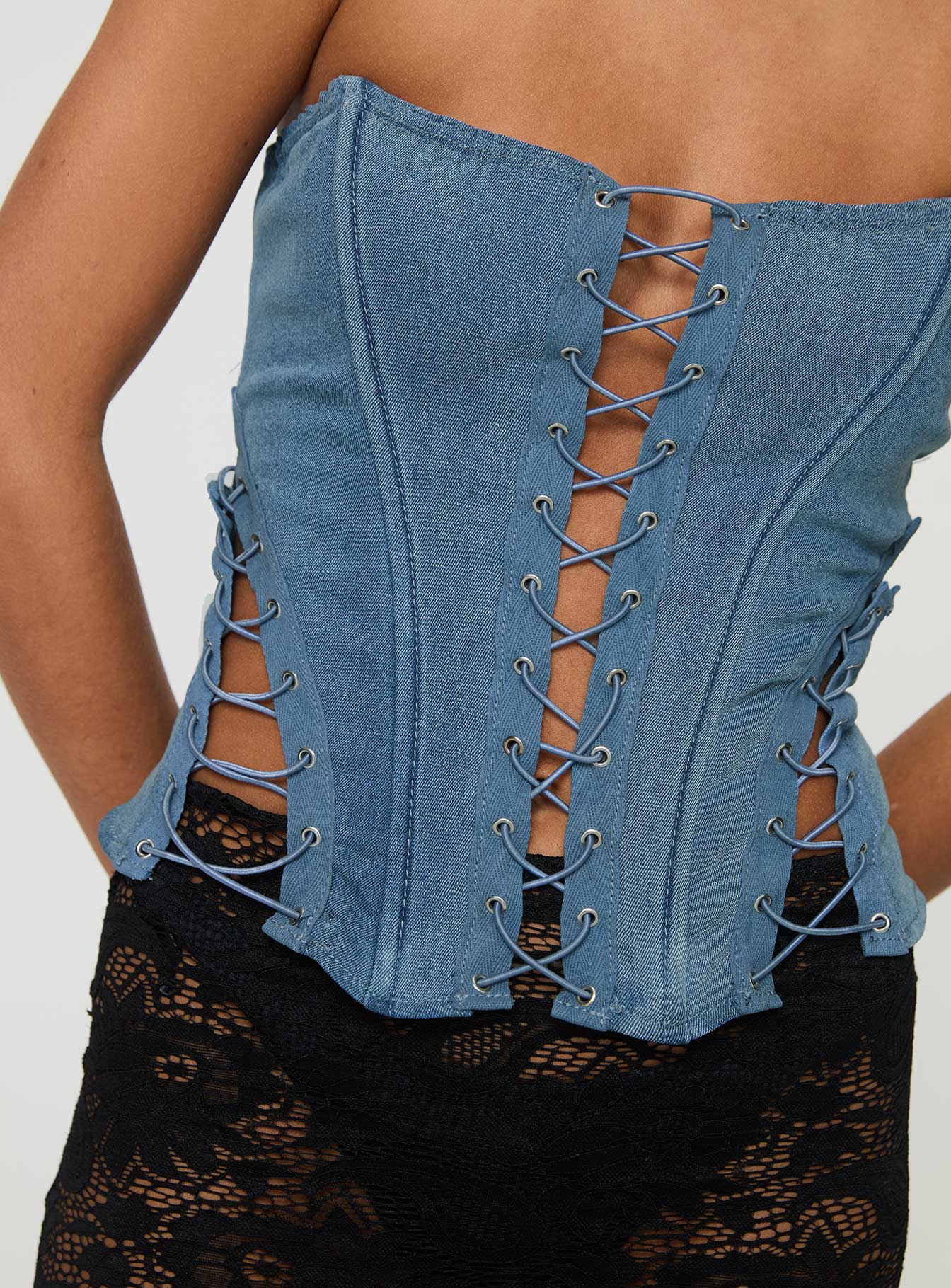 Eden Lace Up Corset Denim Mid Wash、mySite、solidvoid