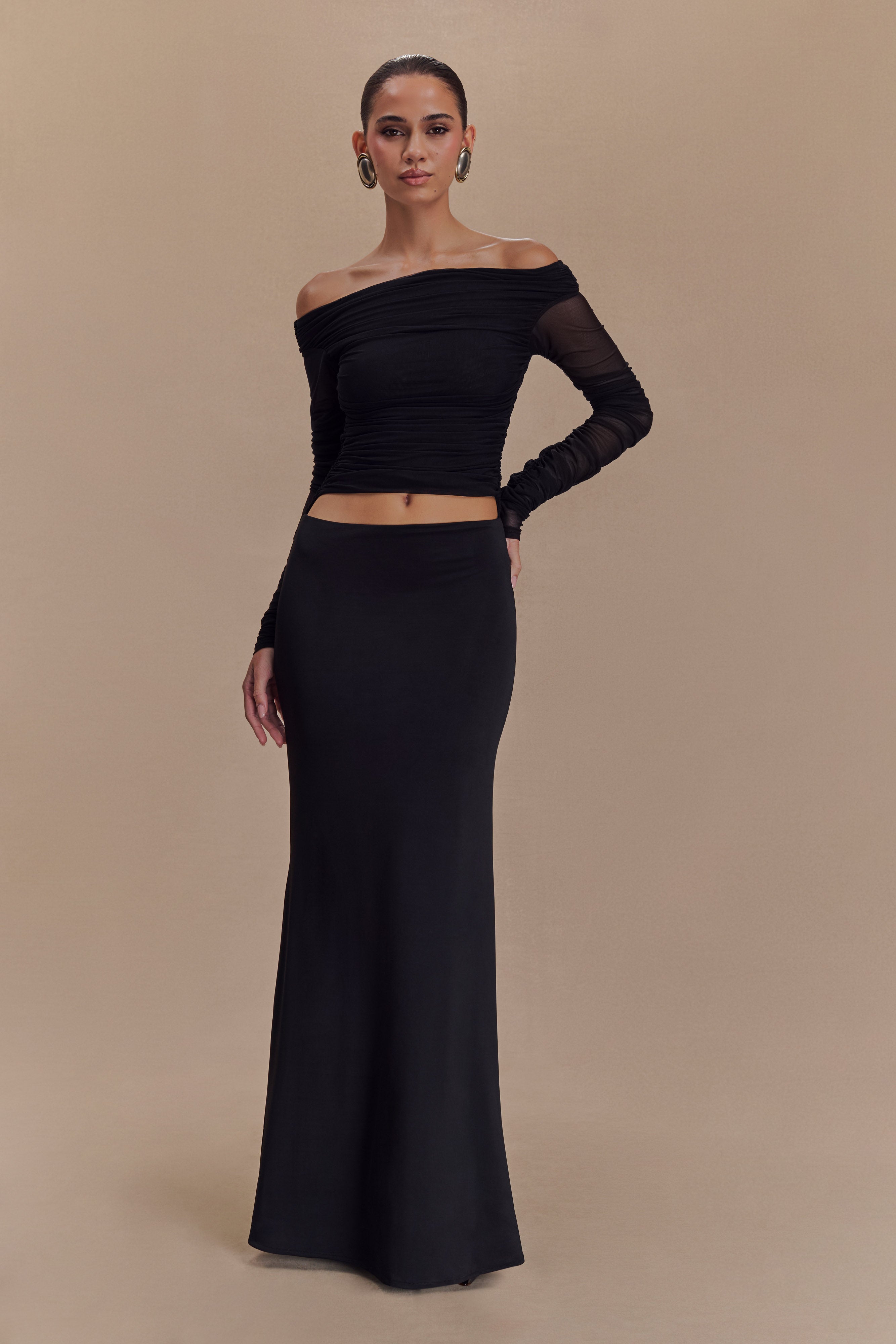 Darla Mesh And Slinky Off Shoulder Maxi Dress - Black、mySite、solidvoid