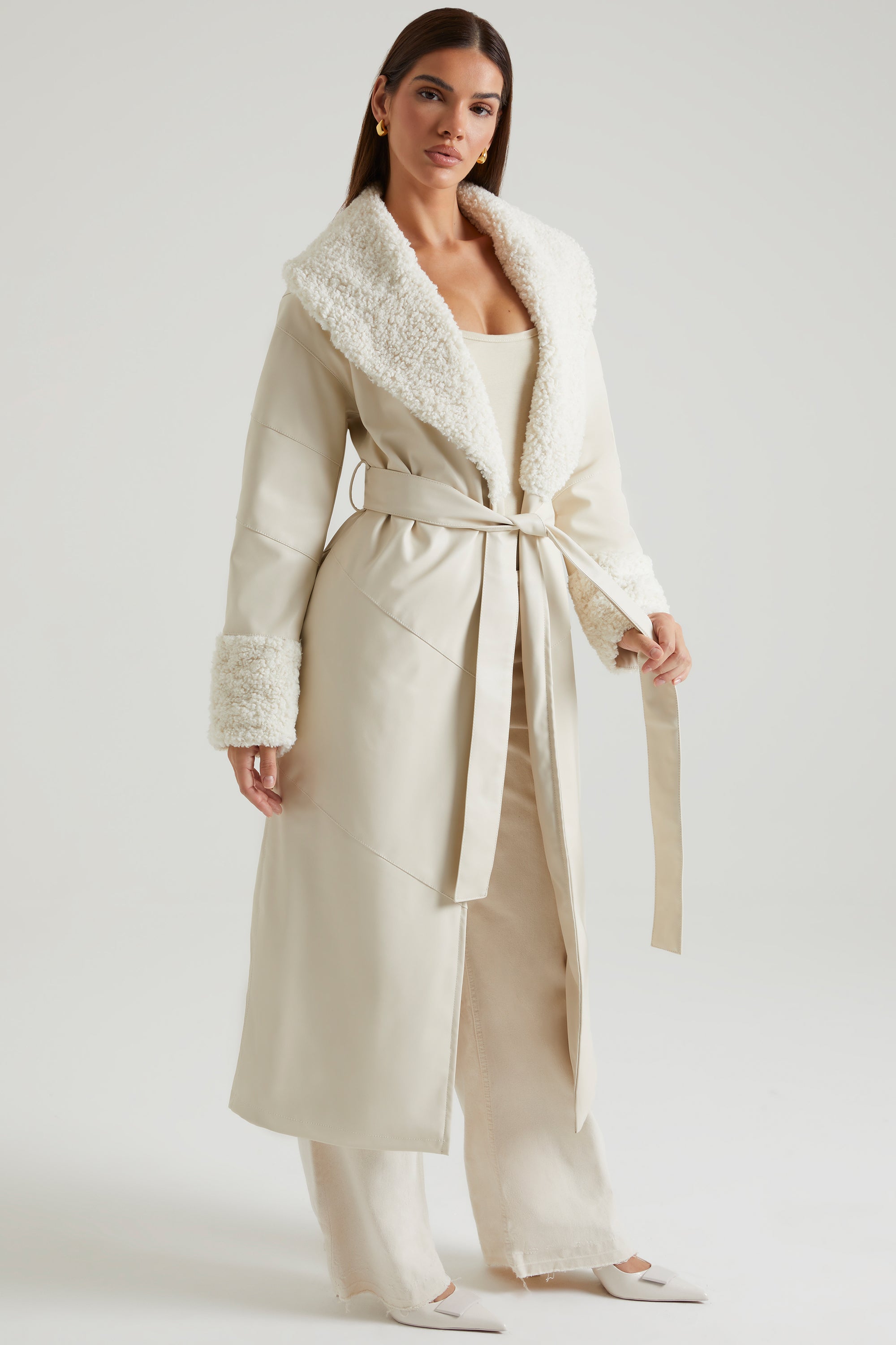Tie Up Coat with Shearling Collar and Cuffs in Cream、mySite、solidvoid