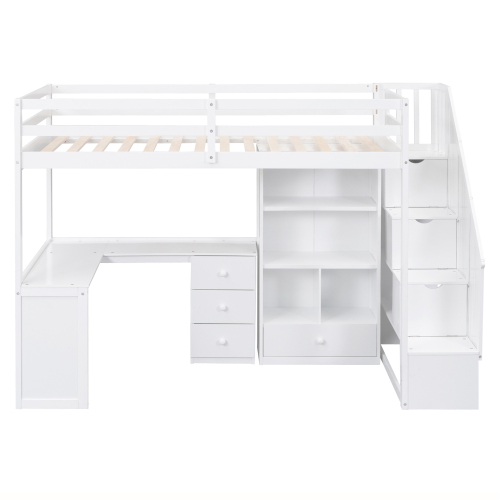 Twin Size Loft Bed with L-Shaped Desk and Drawers, Cabinet and Storage Staircase, White、、casual