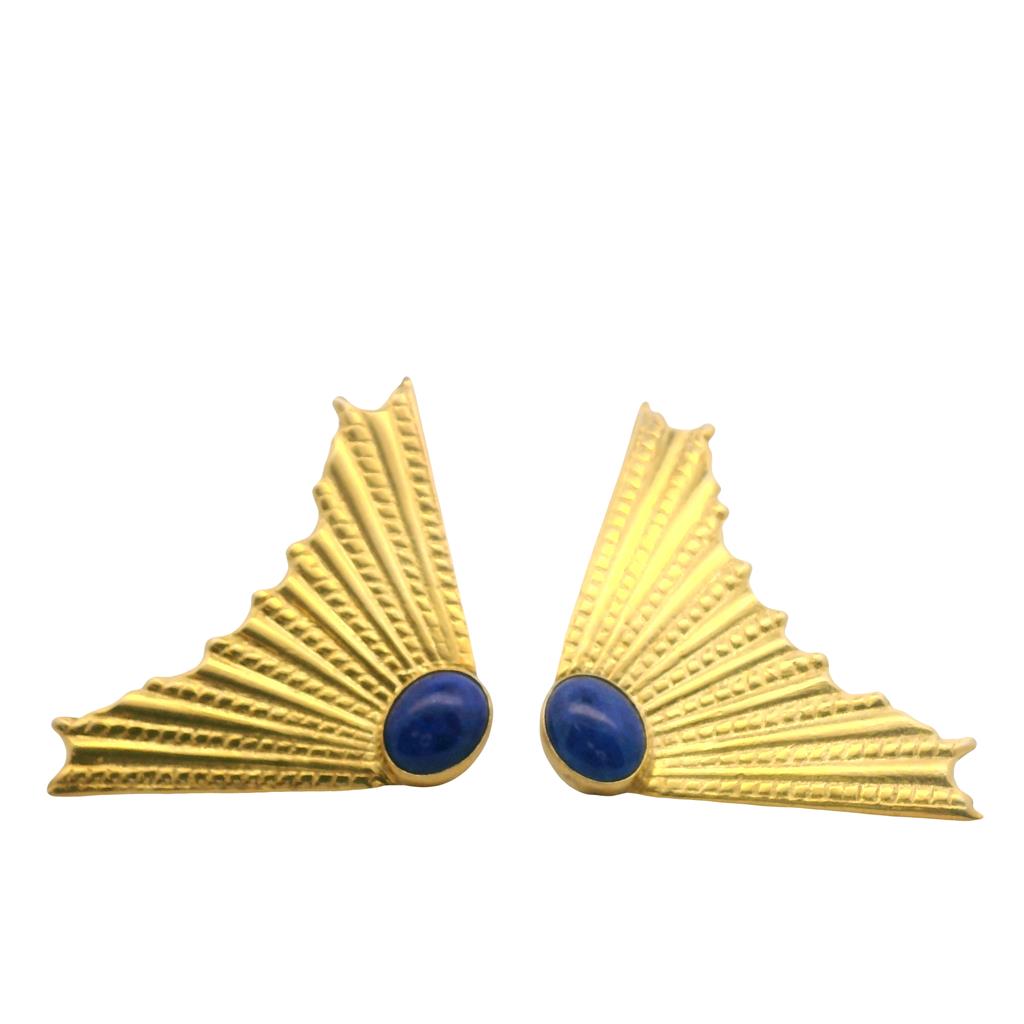 Estate Yellow Gold Vermeil Oval Lapis Lazuli Fan Stud Earrings、mySite、botmansion