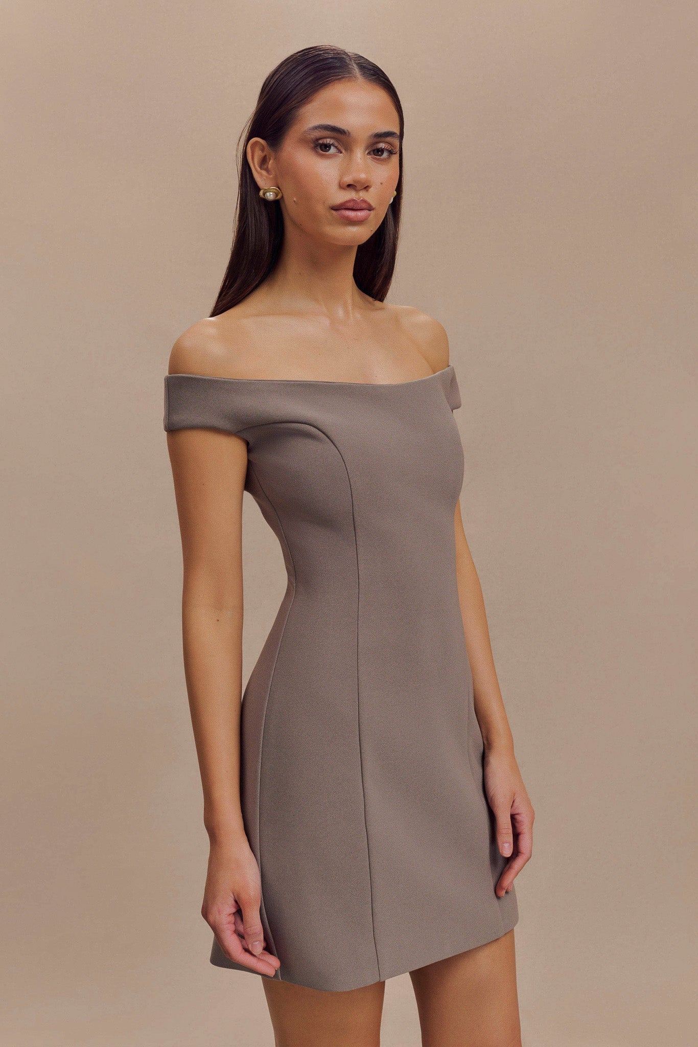 Cassidy Crepe Off Shoulder Mini Dress - Smoke、mySite、solidvoid