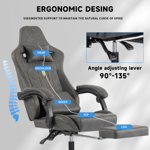 Gaming Chair, Video Game Chair with Massage Lumbar Support and Footrest, Comfortable Ergonomic Computer Chair with Linkage Armrests, Height Adjustable Racing Game Chair Pu Leather for Adults, Grey、、casual
