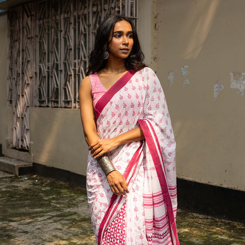 Cotton Printed Saree | White & Pink、mySite、camillekostekn