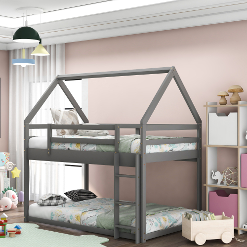 Twin over Twin Low Bunk Bed, House Bed with Ladder , Gray(OLD SKU:WF197808AAE)、、casual