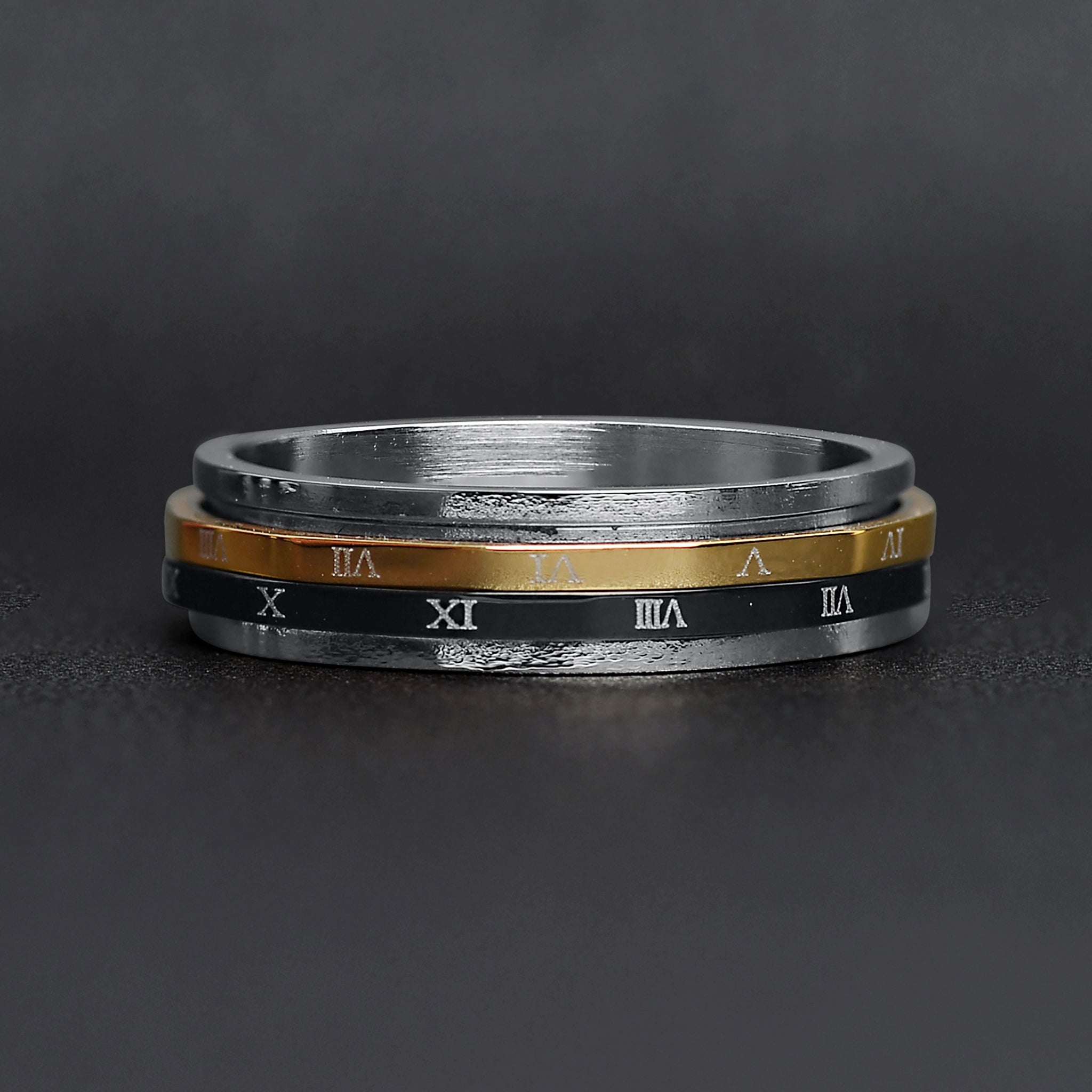 18K Gold PVD Stainless Steel & Black Roman Numerals Spinner Ring / SSU011、mySite、dreamappss