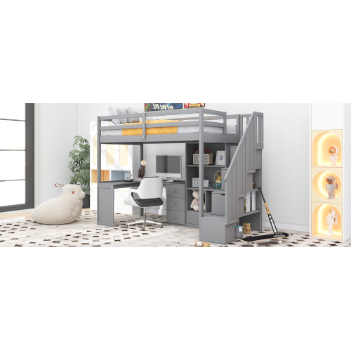 Twin Size Loft Bed with L-Shaped Desk and Drawers, Cabinet and Storage Staircase, White、、casual