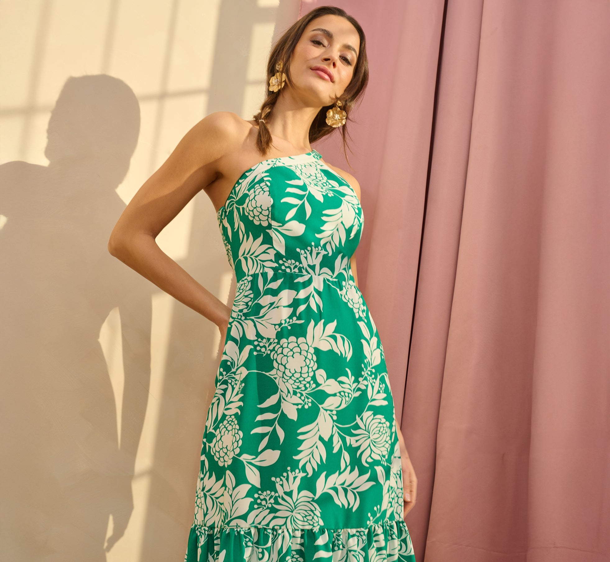 One Shoulder Floral Flounce Midi Dress In Green White、mySite、solidvoid