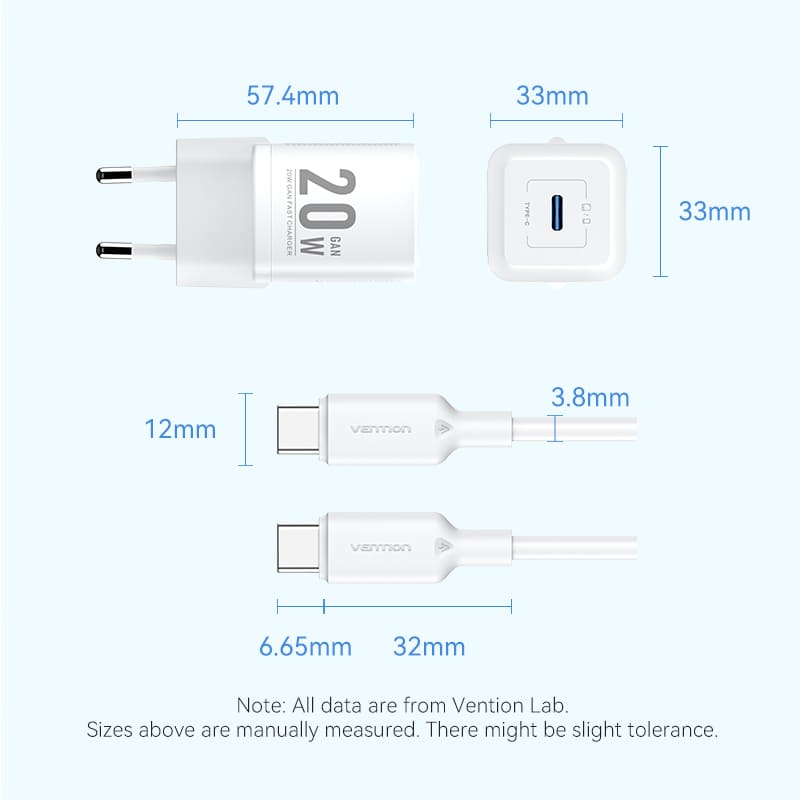 Vention 1-Port USB-C GaN Charger 20W with USB-C to USB-C Cable 1M EU-Plug、mySite、fannypackpong