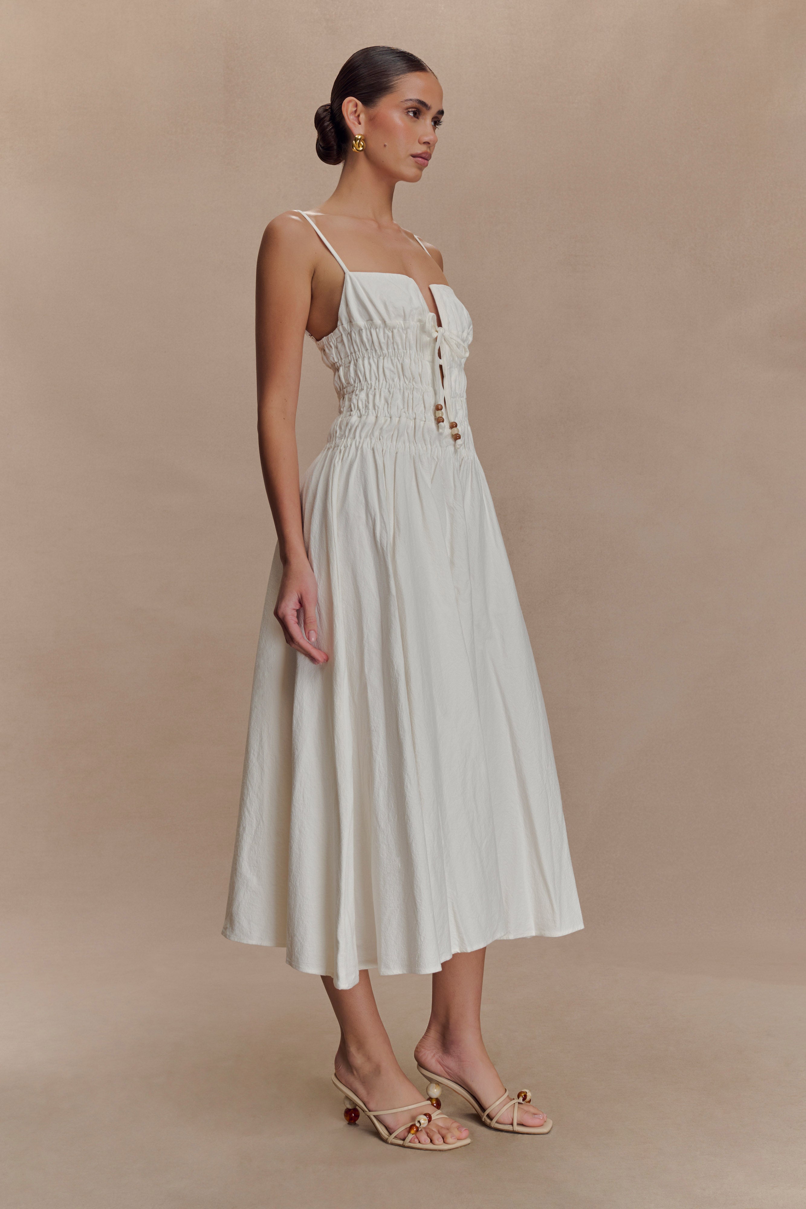 Elias Shirred Cotton Midi Dress - White、mySite、solidvoid