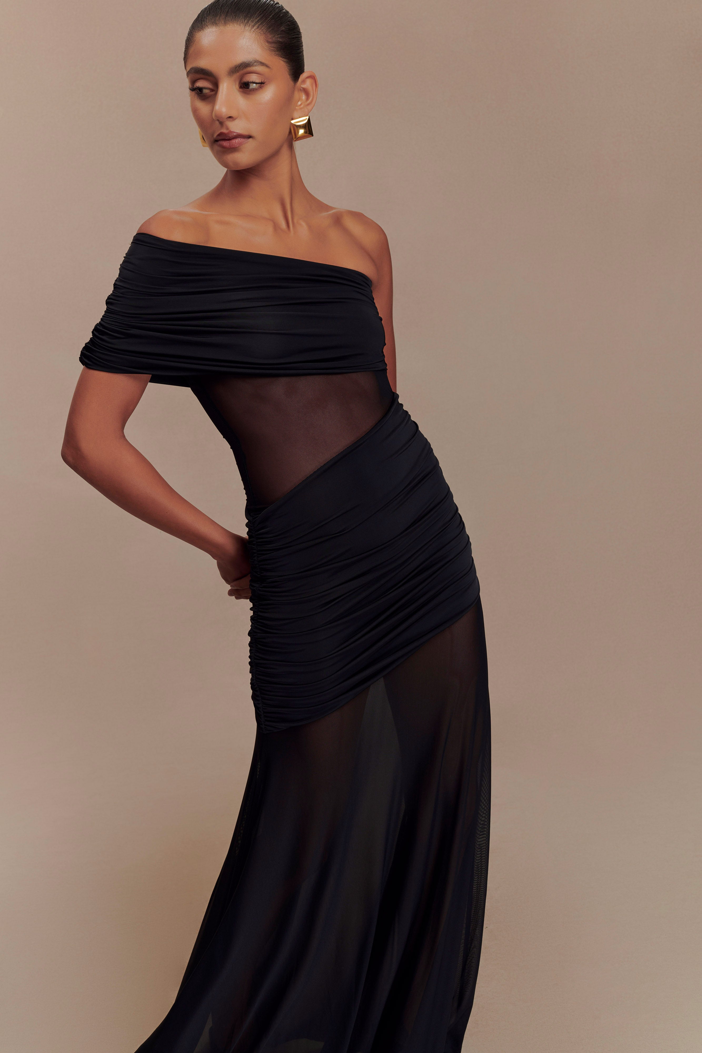 Dallas One Shoulder Mesh Maxi Dress - Black、mySite、solidvoid