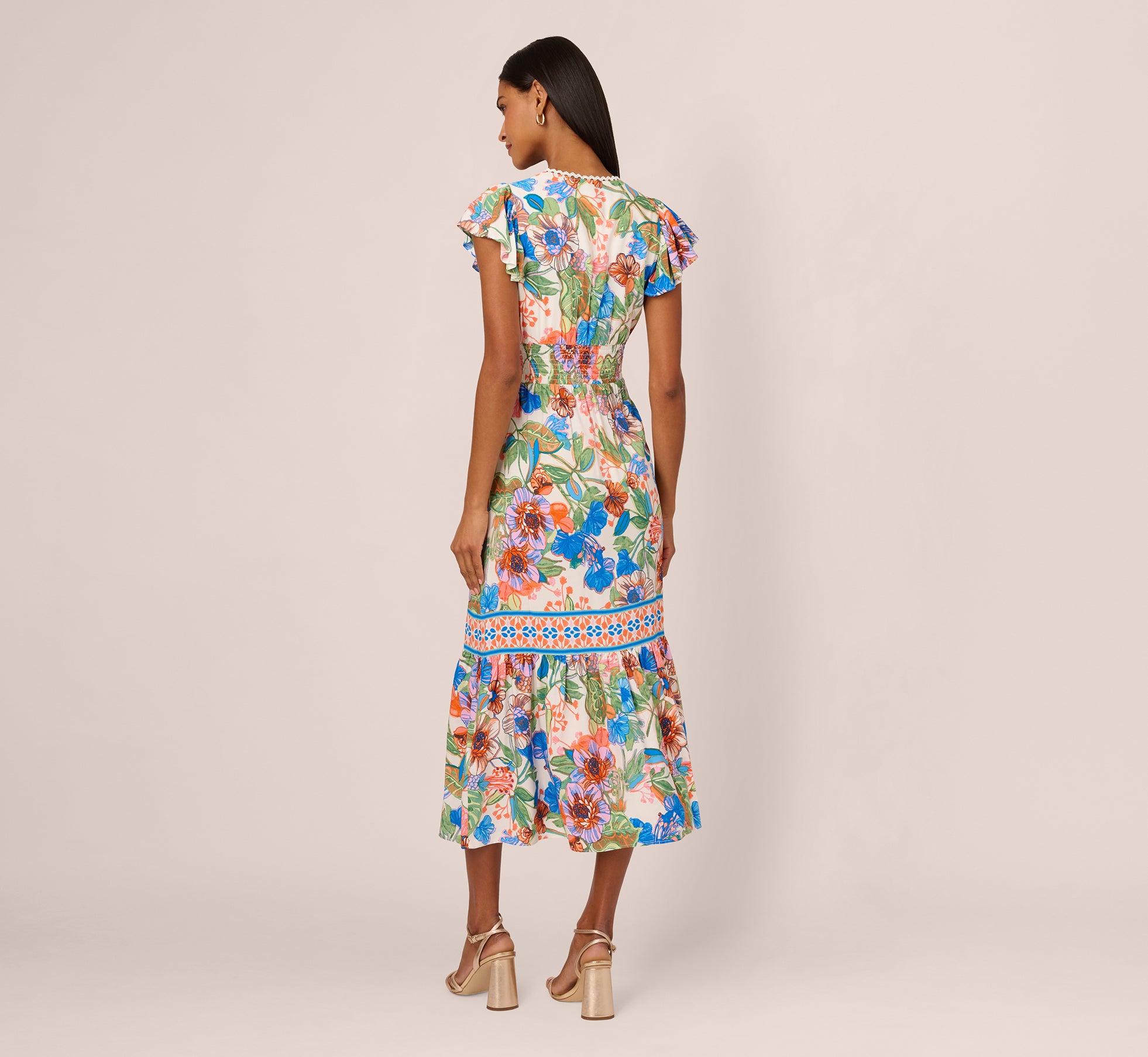 Bright Floral Print Midi Dress With Flutter Sleeves In Blue-Green Multi、mySite、solidvoid