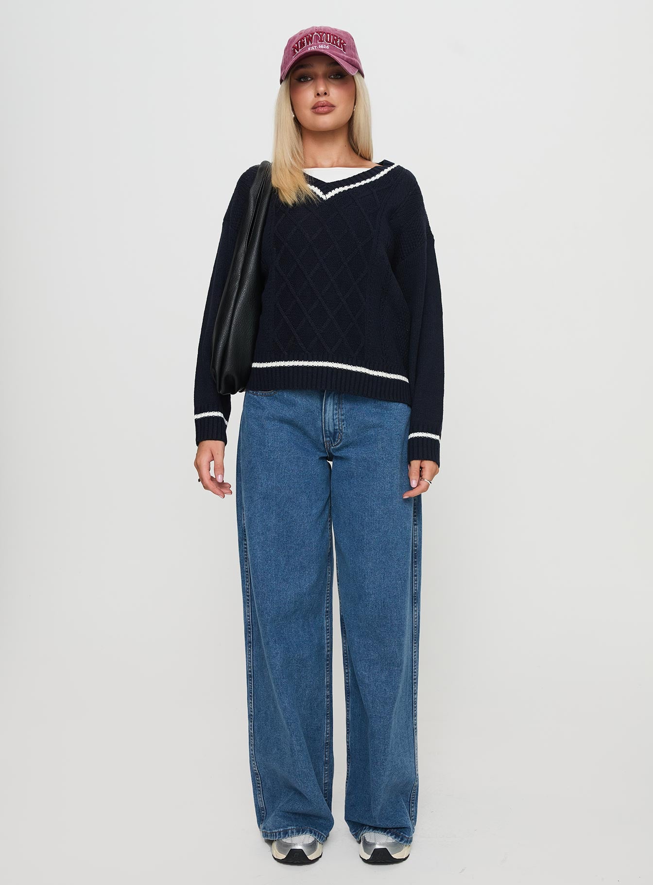 Covina V Neck Knit Sweater Navy、mySite、solidvoid