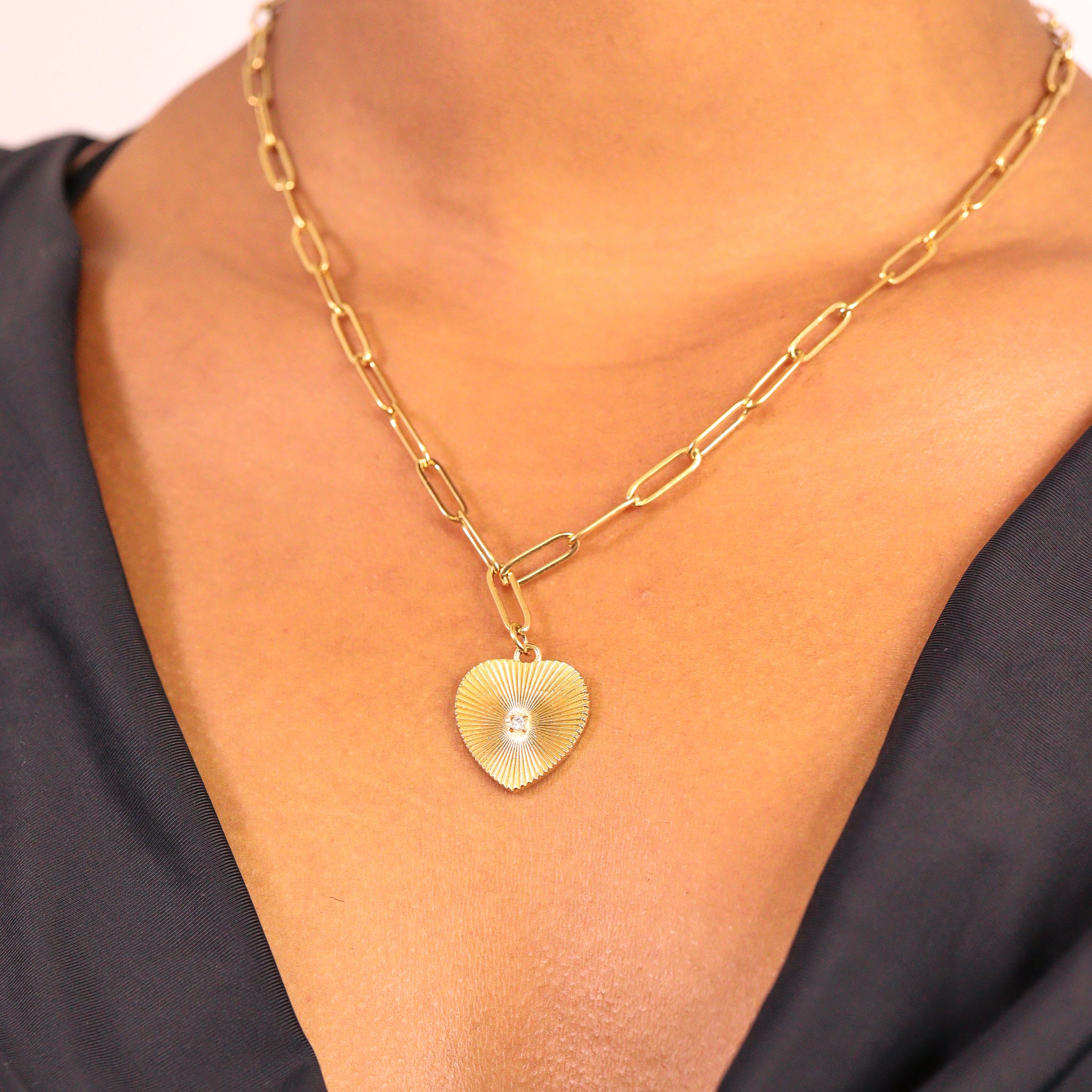 18K Gold PVD Stainless Steel Sunburst CZ Heart Paperclip Pendant Necklace / CHN9966、mySite、dreamappss