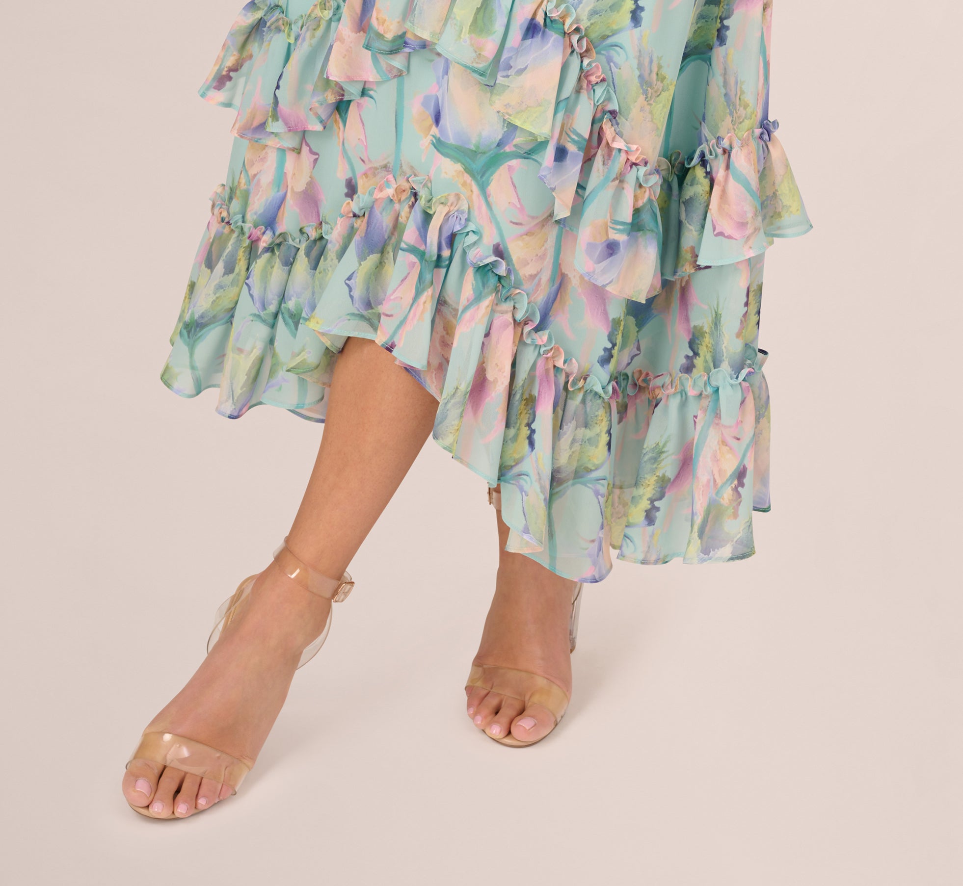 Sleeveless Floral Print High Low Maxi Dress With Ruffle Trim In Mint Multi、mySite、solidvoid