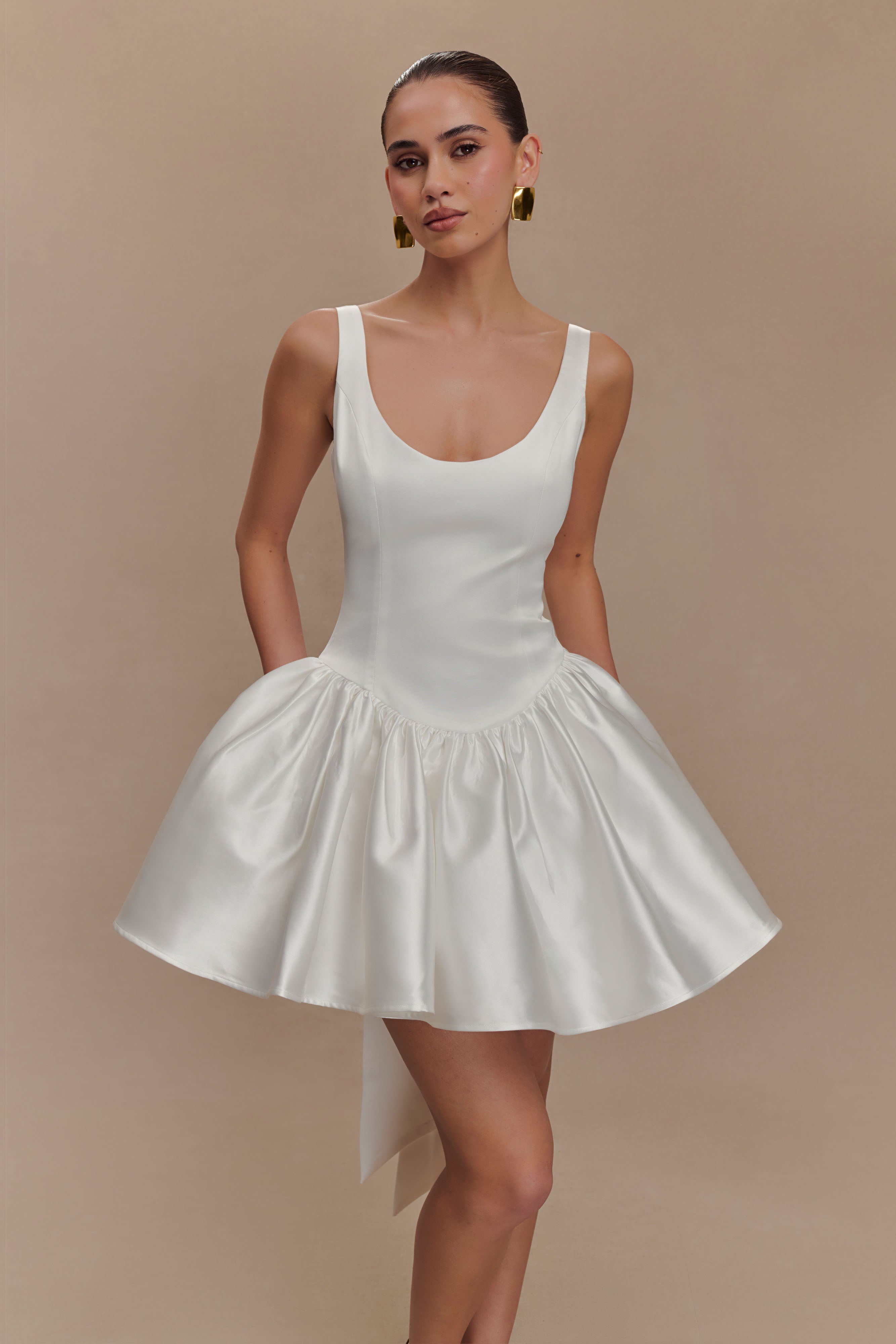 Felicia Satin Mini Dress With Bow - White、mySite、solidvoid