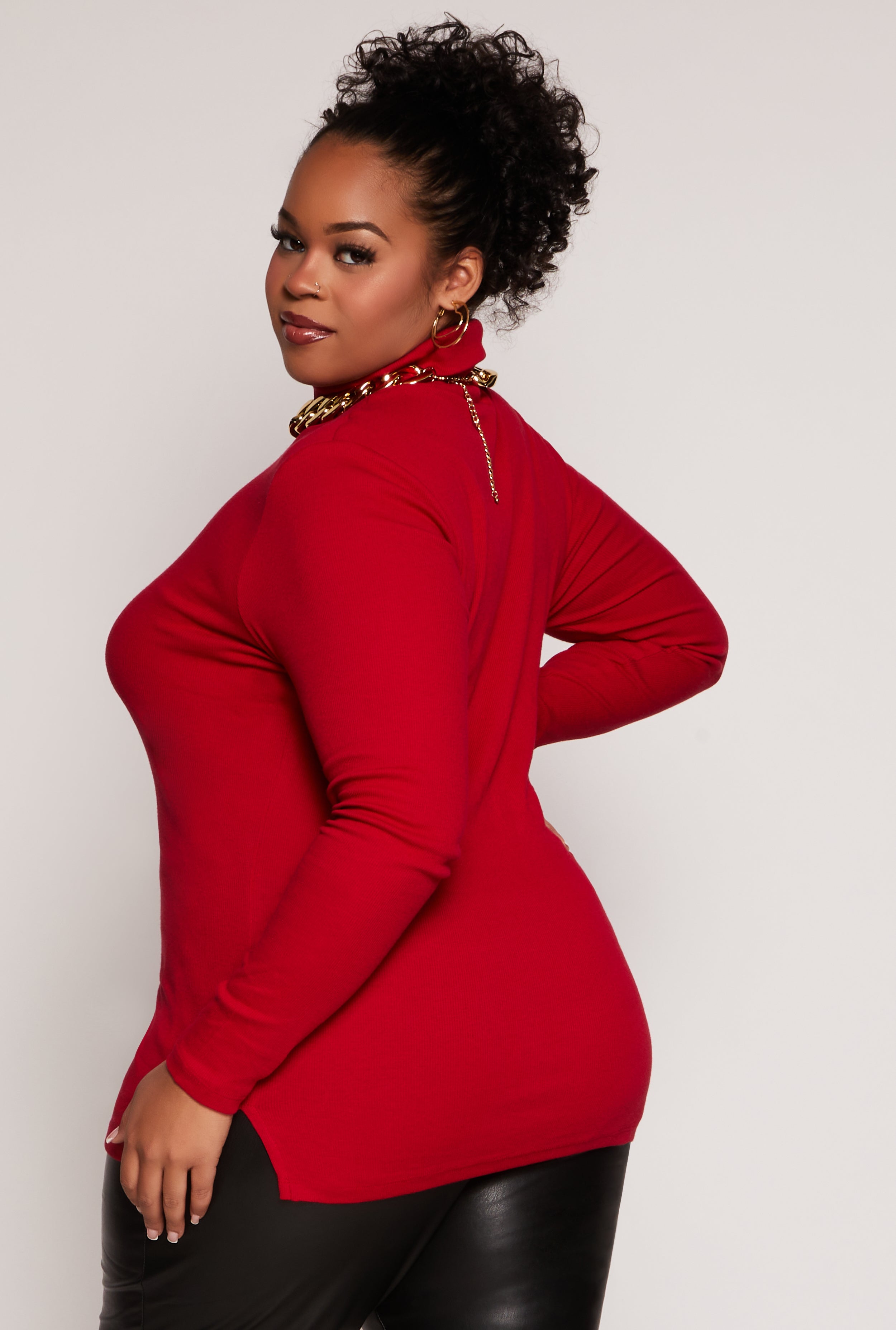 Plus Size Ribbed Knit Long Sleeve Turtleneck Top、mySite、camillekostekn