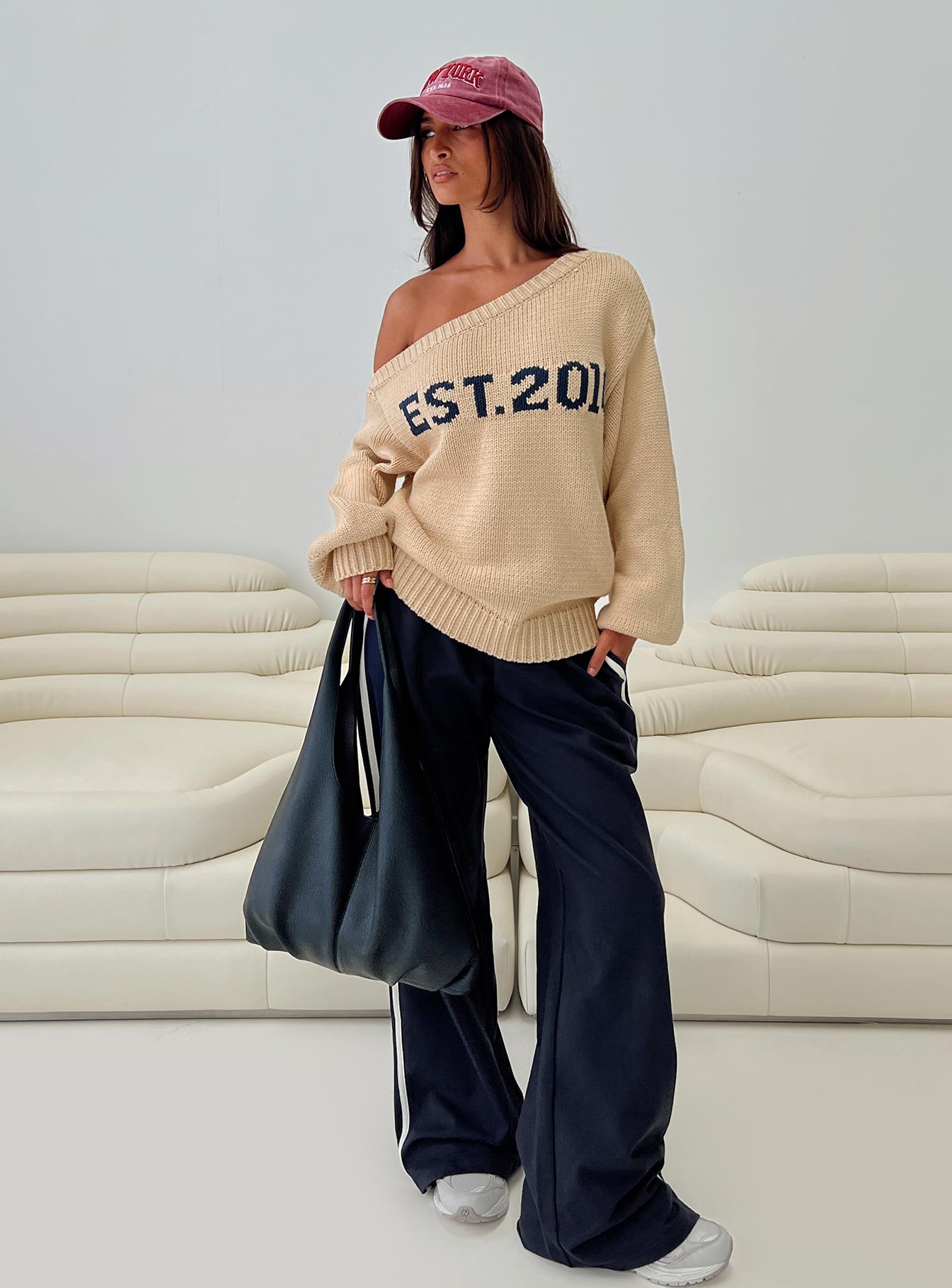 Jadynn Off Shoulder Knit Sweater Cream、mySite、solidvoid