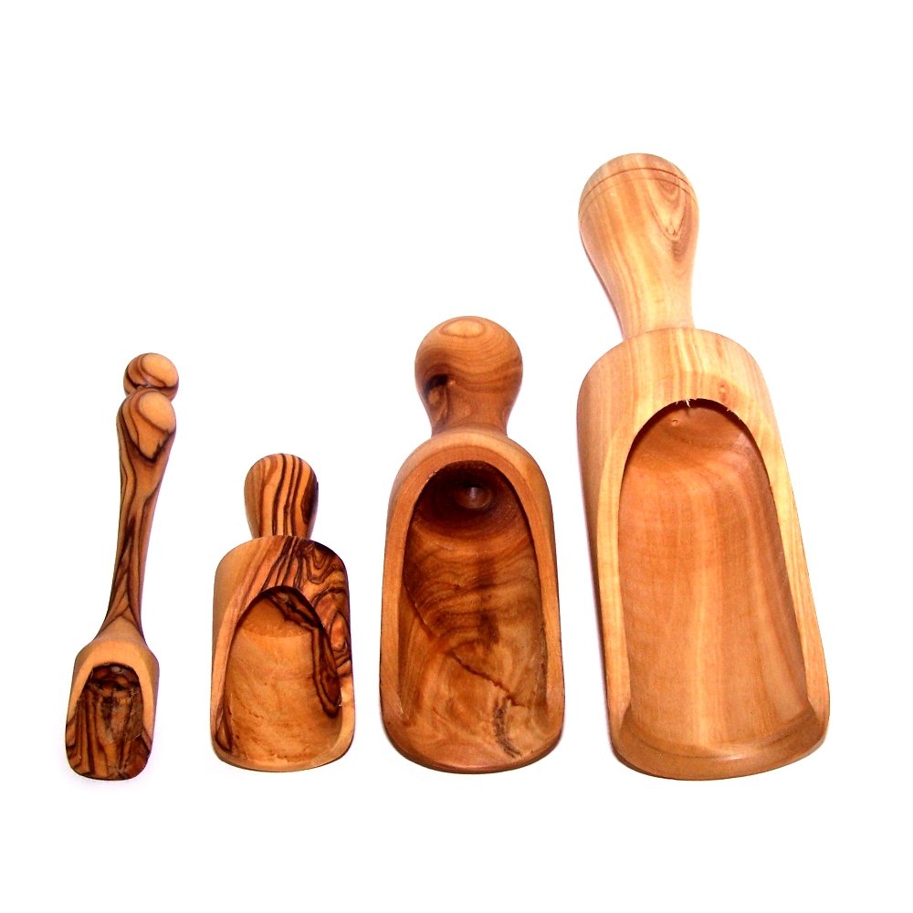  Handcrafted olive wood Salt spoons or scoops/shovels SET - 4 sizes (3 to 7 Inches) - Asfour Outlet Trademark、mySite、elrpsem3k