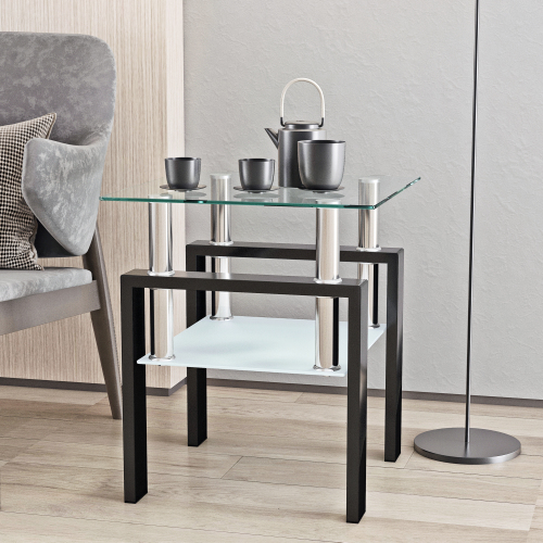 Set of 2, Modern Tempered Glass Tea Table Coffee Table End Table, Square Table for Living Room, Transparent/White、、casual