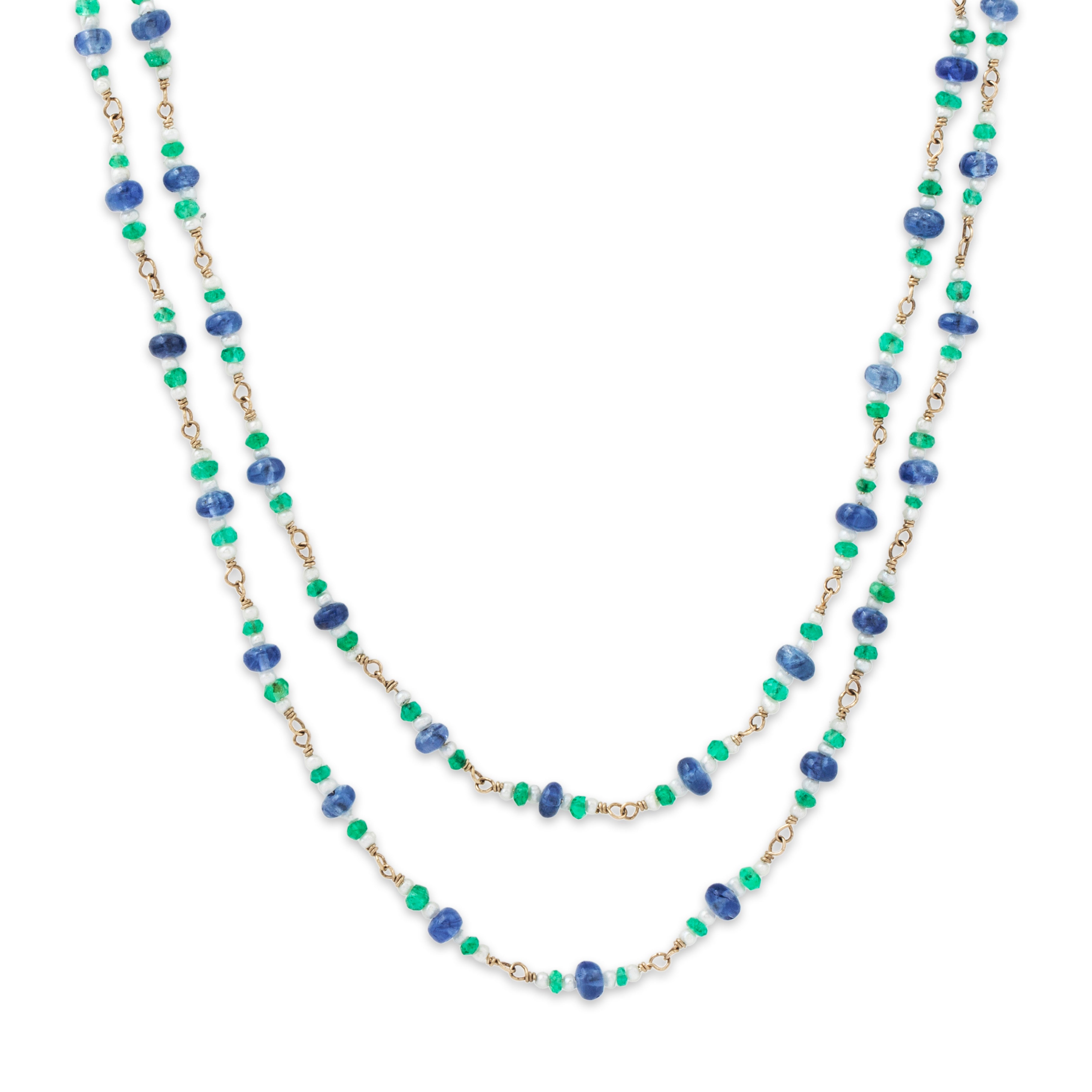 Vintage 14k Yellow Gold Blue Sapphire Emerald Pearl Long Layering Necklace 31、mySite、hinf8tx79