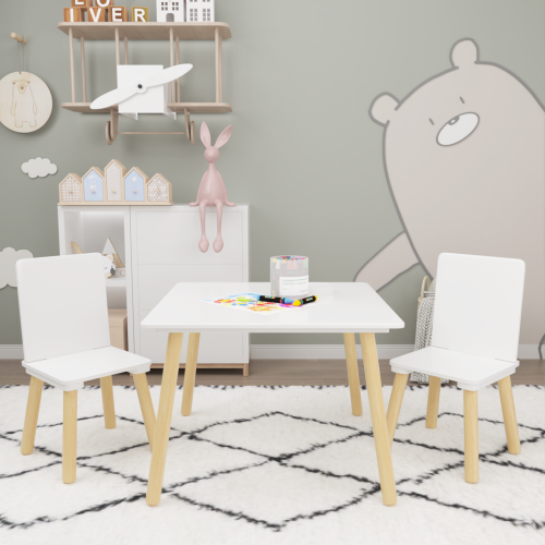 Kids Table and 2 Chairs Set, 3 Pieces Toddler Table and Chair Set, Wooden Activity Play Table Set (Lion&Monkey)、、casual