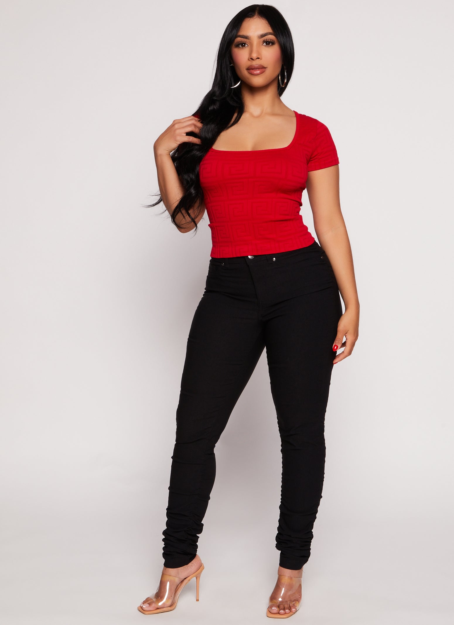 Seamless Ribbed Greek Key Short Sleeve Top、mySite、camillekostekn