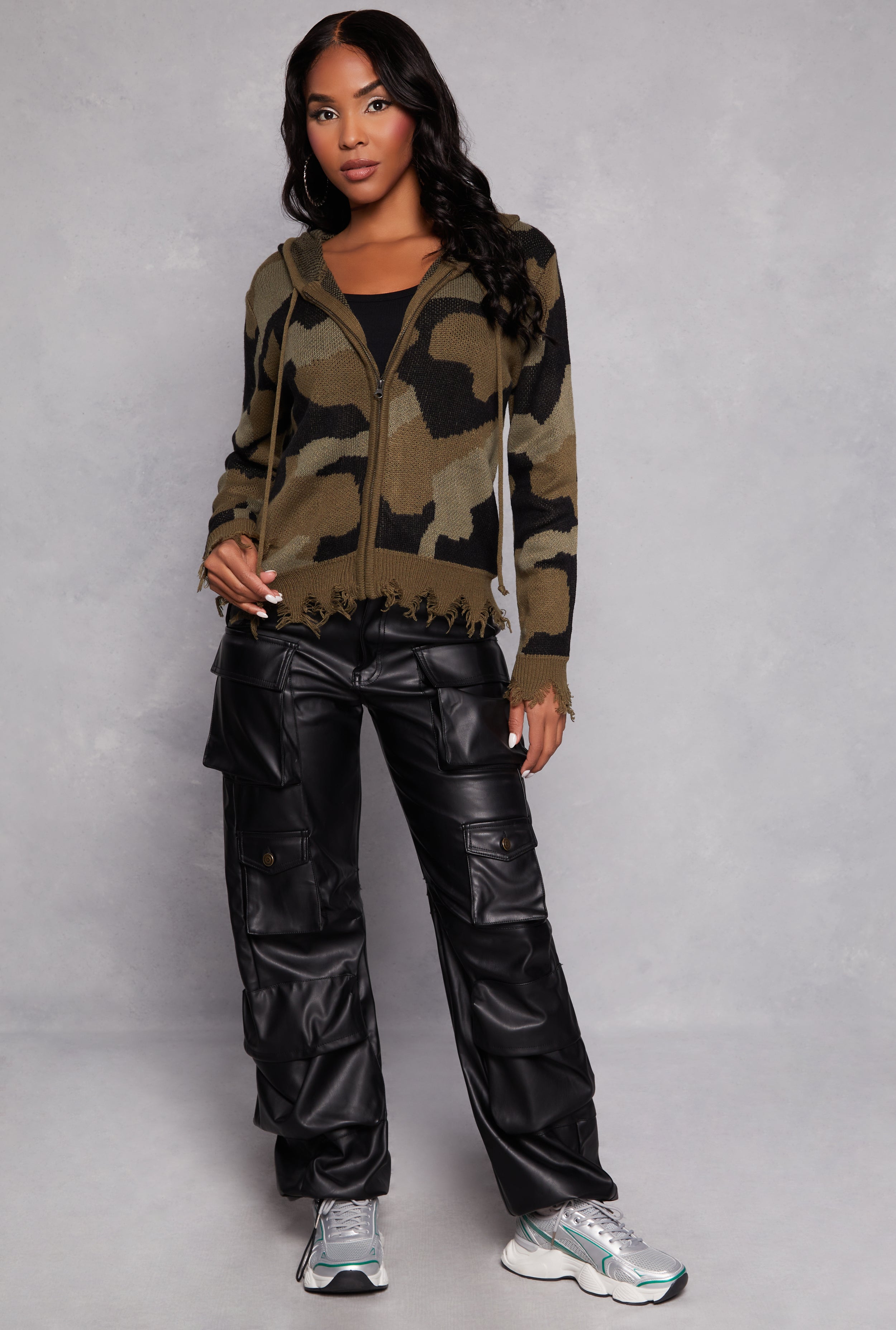 Distressed Camo Zip Front Hooded Sweater、mySite、camillekostekn