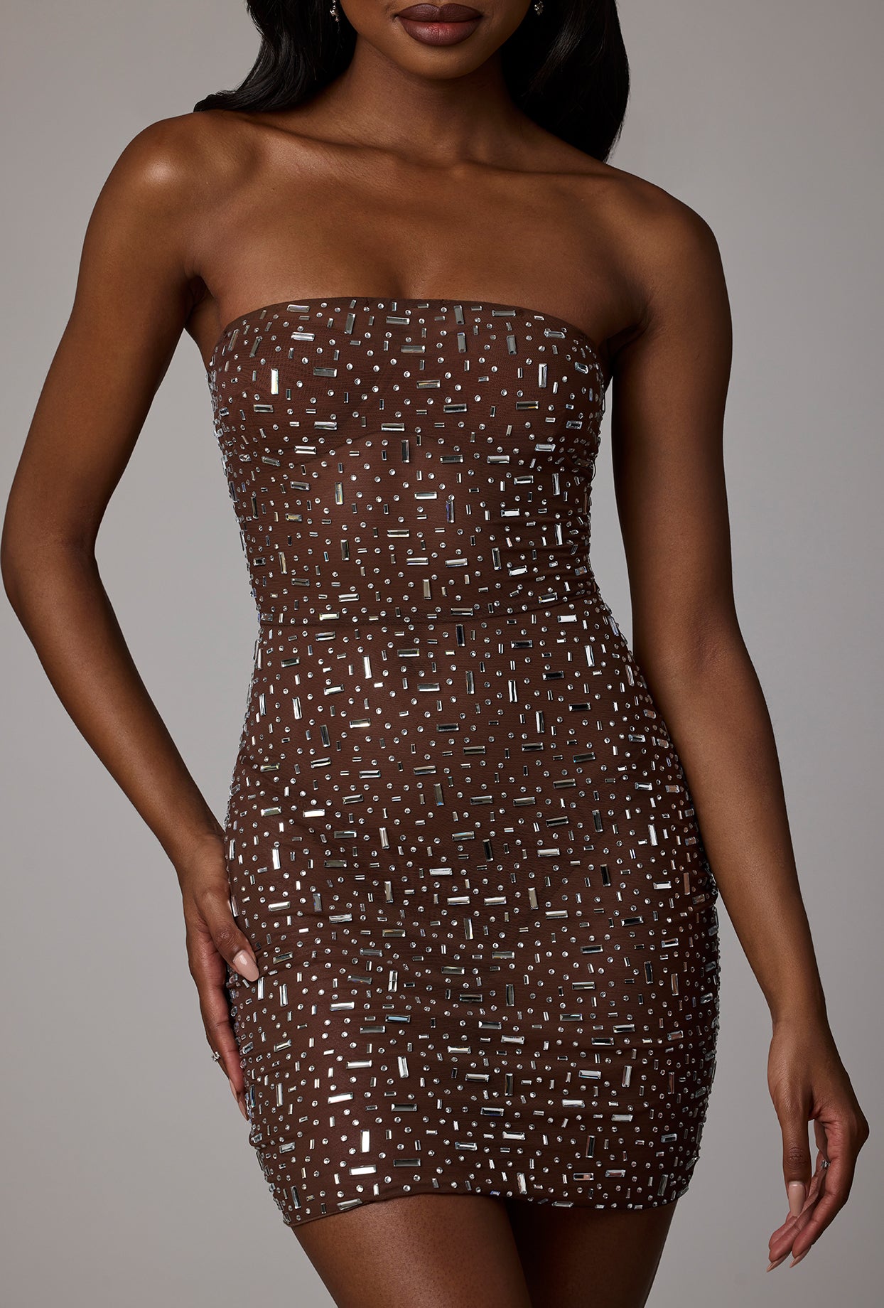 Sheer Embellished Bodycon Mini Dress in Deep Cocoa、mySite、solidvoid