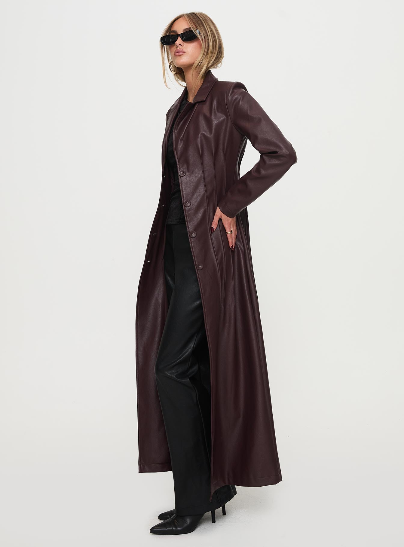 Speak Easy Long Line Faux Leather Coat Burgundy、mySite、solidvoid