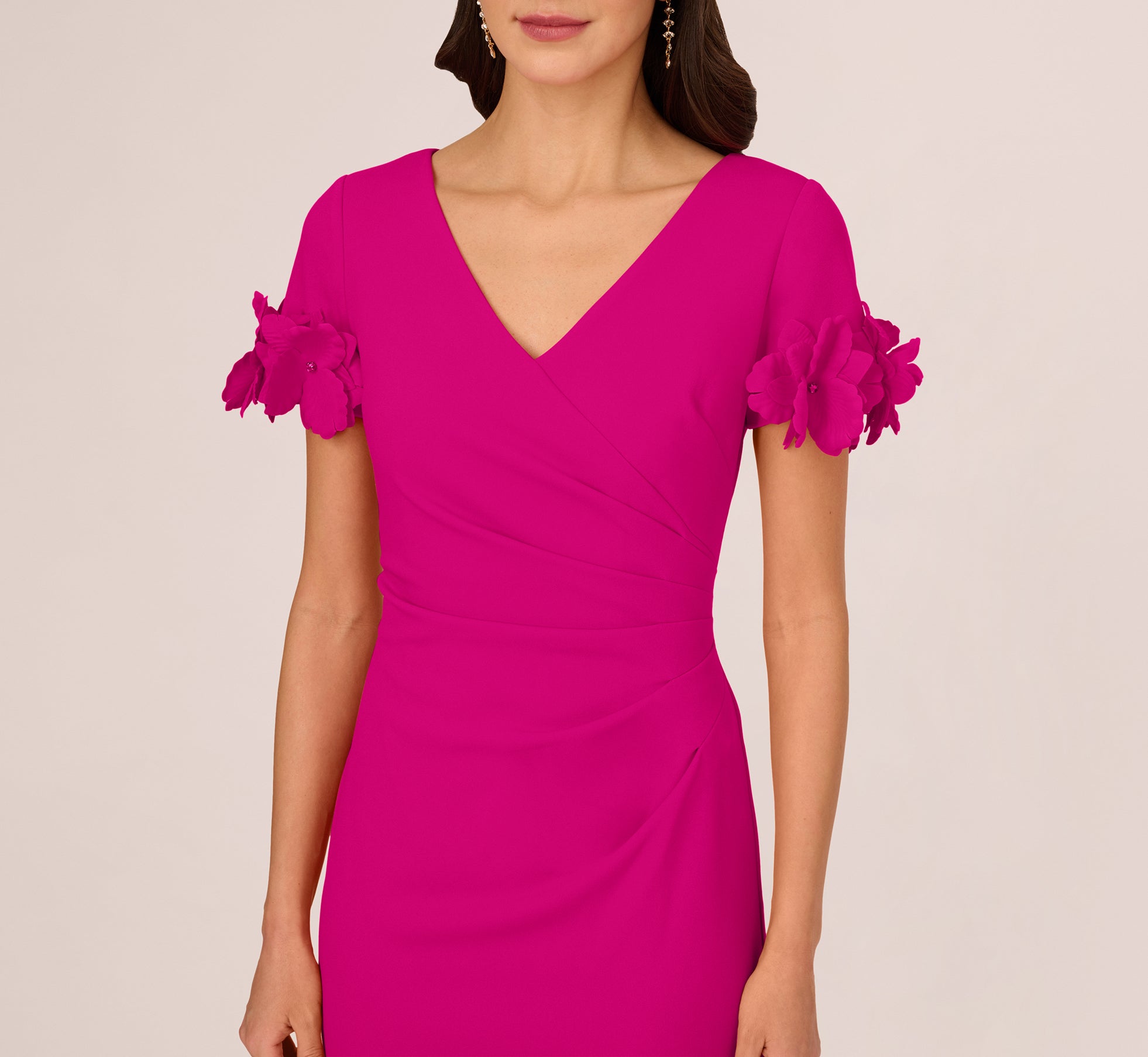 Crepe Faux Wrap Sheath Dress With Floral Accent Short Sleeves In Pink Flambe、mySite、solidvoid