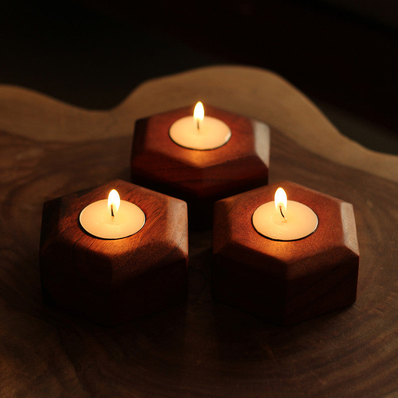 Acacia Wood Tea Light Candle Holders | Brown | Set of 3、mySite、camillekostekn